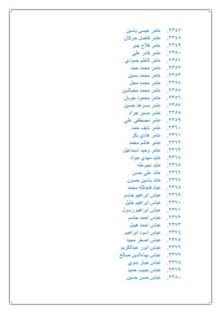 2347.‫ياسين‬ ‫عيسى‬ ‫عامر‬
2348.‫حركان‬ ‫فاضل‬ ‫عامر‬
2349.‫جبر‬ ‫فالح‬ ‫عامر‬
2351.‫علي‬ ‫قادر‬ ‫عامر‬
2351.‫حمودي‬ ‫كاظم‬ ‫عامر‬
2352.‫م‬ ‫عامر‬‫حمد‬ ‫حمد‬
2353.‫سمين‬ ‫محمد‬ ‫عامر‬
2354.‫محل‬ ‫محمد‬ ‫عامر‬
2355.‫محيالدين‬ ‫محمد‬ ‫عامر‬
2356.‫جوبان‬ ‫محمود‬ ‫عامر‬
2357.‫حسين‬ ‫مسرهد‬ ‫عامر‬
2358.‫جراد‬ ‫مسير‬ ‫عامر‬
2359.‫علي‬ ‫مصطفى‬ ‫عامر‬
2361.‫حمد‬ ‫نايف‬ ‫عامر‬
2361.‫بكر‬ ‫هادي‬ ‫عامر‬
2362.‫محمد‬ ‫هاشم‬ ‫عامر‬
2363.‫اسماعيل‬ ‫وحيد‬ ‫عامر‬
2364.‫جواد‬ ‫مهدي‬ ‫عايد‬
2365.‫طه‬ ‫نجم‬ ‫عايد‬
2366.‫حسن‬ ‫علي‬ ‫عائد‬
2367.‫حسون‬ ‫ياسين‬ ‫عائد‬
2368.‫محمد‬ ‫فتحالله‬ ‫عباد‬
2369.‫جاسم‬ ‫ابراهيم‬ ‫عباس‬
2371.‫خليل‬ ‫ابراهيم‬ ‫عباس‬
2371.‫رسول‬ ‫ابراهيم‬ ‫عباس‬
2372.‫جاسم‬ ‫احمد‬ ‫عباس‬
2373.‫هيبل‬ ‫احمد‬ ‫عباس‬
2374.‫ابراهيم‬ ‫اسود‬ ‫عباس‬
2375.‫مجيد‬ ‫اصغر‬ ‫عباس‬
2376.‫عبدالكريم‬ ‫انور‬ ‫عباس‬
2377.‫صالح‬ ‫بهاءالدين‬ ‫عباس‬
2378.‫بدوي‬ ‫جبار‬ ‫عباس‬
2379.‫حميد‬ ‫حبيب‬ ‫عباس‬
2381.‫حسين‬ ‫حسن‬ ‫عباس‬
 