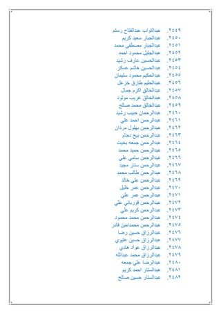 2449.‫رستم‬ ‫عبدالفتاح‬ ‫عبدالتواب‬
2451.‫كريم‬ ‫سعيد‬ ‫عبدالجبار‬
2451.‫محمد‬ ‫مصطفى‬ ‫عبدالجبار‬
2452.‫احمد‬ ‫محمود‬ ‫عبدالجليل‬
2453.‫رشيد‬ ‫عارف‬ ‫عبدالحسين‬
2454.‫عسكر‬ ‫هاشم‬ ‫عبدالحسين‬
2455.‫سليمان‬ ‫محمود‬ ‫عبدالحكيم‬
2456.‫خزعل‬ ‫طارق‬ ‫عبدالحليم‬
2457.‫جمال‬ ‫اكرم‬ ‫عبدالخالق‬
2458.‫مولود‬ ‫غريب‬ ‫عبدالخالق‬
2459.‫صالح‬ ‫محمد‬ ‫عبدالخالق‬
2461.‫عبدا‬‫رشيد‬ ‫حبيب‬ ‫لرحمان‬
2461.‫علي‬ ‫احمد‬ ‫عبدالرحمن‬
2462.‫مردان‬ ‫بهلول‬ ‫عبدالرحمن‬
2463.‫دحام‬ ‫بيج‬ ‫عبدالرحمن‬
2464.‫بخيت‬ ‫جمعه‬ ‫عبدالرحمن‬
2465.‫محمد‬ ‫حميد‬ ‫عبدالرحمن‬
2466.‫علي‬ ‫سامي‬ ‫عبدالرحمن‬
2467.‫مجيد‬ ‫ستار‬ ‫عبدالرحمن‬
2468.‫محمد‬ ‫طالب‬ ‫عبدالرحمن‬
2469.‫خالد‬ ‫علي‬ ‫عبدالرحمن‬
2471.‫خليل‬ ‫عمر‬ ‫عبدالرحمن‬
2471.‫علي‬ ‫عمر‬ ‫عبدالرحمن‬
2472.‫علي‬ ‫قورباني‬ ‫عبدالرحمن‬
2473.‫علي‬ ‫كريم‬ ‫عبدالرحمن‬
2474.‫محمود‬ ‫محمد‬ ‫عبدالرحمن‬
2475.‫قادر‬ ‫محمدامين‬ ‫عبدالرحمن‬
2476.‫رضا‬ ‫حسين‬ ‫عبدالرزاق‬
2477.‫عليوي‬ ‫حسين‬ ‫عبدالرزاق‬
2478.‫هادي‬ ‫عواد‬ ‫عبدالرزاق‬
2479.‫عبدالله‬ ‫محمد‬ ‫عبدالرزاق‬
2481.‫جمعه‬ ‫علي‬ ‫عبدالرضا‬
2481.‫كريم‬ ‫احمد‬ ‫عبدالستار‬
2482.‫صالح‬ ‫حسين‬ ‫عبدالستار‬
 