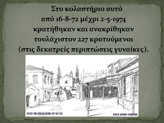 Στο κολαστήριο αυτό
από 16-8-72 μέχρι 2-5-1974
κρατήθηκαν και ανακρίθηκαν
τουλάχιστον 227 κρατούμενοι
(στις δεκατρείς περι...