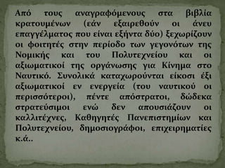 Από τους αναγραφόμενους στα βιβλία
κρατουμένων (εάν εξαιρεθούν οι άνευ
επαγγέλματος που είναι εξήντα δύο) ξεχωρίζουν
οι φοιτητές στην περίοδο των γεγονότων της
Νομικής και του Πολυτεχνείου και οι
αξιωματικοί της οργάνωσης για Κίνημα στο
Ναυτικό. Συνολικά καταχωρούνται είκοσι έξι
αξιωματικοί εν ενεργεία (του ναυτικού οι
περισσότεροι), πέντε απόστρατοι, δώδεκα
στρατεύσιμοι ενώ δεν απουσιάζουν οι
καλλιτέχνες, Καθηγητές Πανεπιστημίων και
Πολυτεχνείου, δημοσιογράφοι, επιχειρηματίες
κ.ά..
 