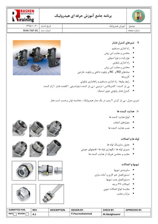 ‫هیدرولیک‬ ‫ای‬ ‫حرفه‬ ‫آموزش‬ ‫جامع‬ ‫برنامه‬
02/02/0931 ‫انتشار‬ ‫تاریخ‬ ‫هیدرولیک‬ ‫آموزش‬ ‫موضوع‬
RHN-TAP-95 ‫سند‬ ‫شماره‬ ‫صفحه‬ ‫شماره‬
SUBMITTED FOR, REV. DESCRIPTION. DESIGN BY. CHECK BY. APPROVED BY.
INFO REVIEW A.1 P.Pourmohammad M.Abolghasemi
9.‫ش‬‫ی‬‫رها‬‫ی‬‫فشار‬ ‫کنترل‬
‫انداز‬ ‫راه‬‫ی‬‫مستق‬‫ی‬‫م‬
‫معا‬ ‫و‬ ‫محاسن‬‫ی‬‫ب‬‫ا‬‫ی‬‫ن‬‫روش‬
‫پاپت‬ ‫نوع‬‫اسپول‬ ‫نوع‬ ‫و‬‫ی‬
‫انداز‬ ‫راه‬‫ی‬‫پا‬‫ی‬‫لوت‬‫ی‬
‫م‬‫حاسن‬‫و‬‫معا‬‫ی‬‫ب‬‫ا‬‫ی‬‫ن‬‫روش‬
‫نمادها‬‫ی‬NO‫و‬NC‫پا‬ ‫و‬‫ی‬‫لوت‬‫داخل‬‫ی‬‫پا‬ ‫و‬‫ی‬‫لوت‬‫خارج‬‫ی‬
‫کاربردها‬
‫رل‬‫ی‬‫ف‬‫انداز‬ ‫راه‬ : ‫ولوها‬‫ی‬‫مستق‬‫ی‬‫م‬‫راهانداز‬ ‫و‬‫ی‬‫پا‬‫ی‬‫لوت‬‫ی‬
‫ب‬‫ی‬‫ترت‬ / ‫کانترباالنس‬ / ‫کننده‬ ‫بار‬‫ی‬‫ب‬‫ی‬‫ب‬ /‫ی‬‫د‬ ‫کننده‬ ‫بار‬‫ی‬‫فرانس‬‫ی‬‫ل‬‫ی‬‫کننده‬ ‫آرام‬ / ‫فشار‬ ‫کاهنده‬ /
‫پا‬ ‫فشار‬ ‫کنترل‬‫ی‬‫لوت‬‫ی‬‫جو‬‫ی‬‫است‬‫ی‬‫ک‬
‫تمر‬‫ی‬‫ن‬‫منز‬‫ب‬ : ‫ل‬‫ی‬‫کردن‬ ‫بار‬0‫در‬ ‫پمپ‬‫ی‬‫ک‬‫ه‬ ‫مدار‬‫ی‬‫درول‬‫ی‬‫ک‬‫بخار‬ ‫اسب‬ ‫برحسب‬ ‫توان‬ ‫محاسبه‬ ،
71.‫هدا‬‫ی‬‫ت‬‫ها‬ ‫کننده‬
‫هدا‬ ‫انواع‬‫ی‬‫ت‬‫ها‬ ‫کننده‬
‫مع‬‫ی‬‫ارها‬‫ی‬‫انتخاب‬
‫هدا‬ ‫نصب‬‫ی‬‫ت‬‫ها‬ ‫کننده‬
‫لوله‬‫اتصاالت‬ ‫و‬ ‫ها‬
‫سا‬ ‫جدول‬‫ی‬‫ز‬‫ی‬‫نگ‬‫ها‬ ‫لوله‬
‫تم‬‫ی‬‫ز‬‫ی‬‫نگهدار‬ / ‫ها‬ ‫لوله‬‫ی‬‫فلنچها‬ / ‫ها‬ ‫لوله‬‫ی‬‫جوش‬‫ی‬
‫معا‬‫ی‬‫ب‬‫هر‬ ‫محاسن‬ ‫و‬‫ی‬‫ک‬‫هدا‬ ‫از‬‫ی‬‫ت‬‫ها‬ ‫کننده‬
‫ت‬‫ی‬‫وبها‬‫اتصاالت‬ ‫و‬
‫سا‬‫ی‬‫زبند‬‫ی‬‫ت‬‫ی‬‫وبها‬
‫کار‬ ‫خم‬ ‫دستورالعمل‬‫ی‬‫ساز‬ ‫آماده‬ ‫و‬‫ی‬
‫ت‬ ‫نصب‬ ‫دستورالعمل‬‫ی‬‫وبها‬
‫اتصاالت‬93‫درجه‬
‫مقا‬‫ی‬‫سه‬‫ت‬ ‫اتصاالت‬ ‫انواع‬‫ی‬‫وب‬‫ی‬
‫مزا‬‫ی‬‫ا‬‫معا‬ ‫و‬‫ی‬‫ب‬
 