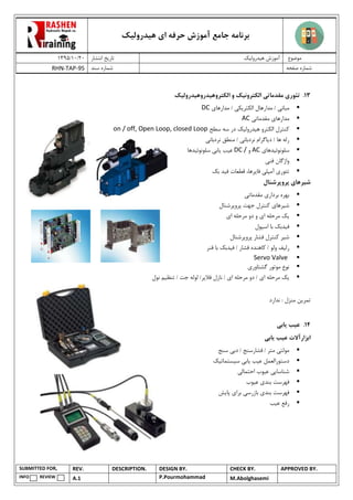 ‫هیدرولیک‬ ‫ای‬ ‫حرفه‬ ‫آموزش‬ ‫جامع‬ ‫برنامه‬
02/02/0931 ‫انتشار‬ ‫تاریخ‬ ‫هیدرولیک‬ ‫آموزش‬ ‫موضوع‬
RHN-TAP-95 ‫سند‬ ‫شماره‬ ‫صفحه‬ ‫شماره‬
SUBMITTED FOR, REV. DESCRIPTION. DESIGN BY. CHECK BY. APPROVED BY.
INFO REVIEW A.1 P.Pourmohammad M.Abolghasemi
73.‫تئور‬‫ی‬‫مقدمات‬‫ی‬‫الکترون‬‫ی‬‫ک‬‫الکتروه‬ ‫و‬‫ی‬‫دروه‬‫ی‬‫درول‬‫ی‬‫ک‬
‫مبان‬‫ی‬‫الکتر‬ ‫مدارهال‬ /‫ی‬‫ک‬‫ی‬‫مدارها‬ /‫ی‬DC
‫مدارها‬‫ی‬‫مقدمات‬‫ی‬AC
‫ه‬ ‫الکترو‬ ‫کنترل‬‫ی‬‫درول‬‫ی‬‫ک‬‫سه‬ ‫در‬‫سطح‬on / off, Open Loop, closed Loop
‫د‬ / ‫ها‬ ‫رله‬‫ی‬‫اگرام‬‫نردبان‬‫ی‬‫نردبان‬ ‫منطق‬ /‫ی‬
‫سلونوئ‬‫ی‬‫دها‬‫ی‬AC‫و‬DC /‫ع‬‫ی‬‫ب‬‫ی‬‫اب‬‫ی‬‫سلونوئ‬‫ی‬‫دها‬
‫فن‬ ‫واژگان‬‫ی‬
‫تئور‬‫ی‬‫آم‬‫پ‬‫ل‬‫ی‬‫فا‬‫ی‬‫رها‬،‫ف‬ ‫قطعات‬‫ی‬‫د‬‫بک‬
‫ش‬‫ی‬‫رها‬‫ی‬‫پروپرشنال‬
‫بردار‬ ‫بهره‬‫ی‬‫مقدمات‬‫ی‬
‫ش‬‫ی‬‫رها‬‫ی‬‫پروپرشنال‬ ‫جهت‬ ‫کنترل‬
‫ی‬‫ک‬‫ا‬ ‫مرحله‬‫ی‬‫ا‬ ‫مرحله‬ ‫دو‬ ‫و‬‫ی‬
‫ف‬‫ی‬‫دبک‬‫اسپول‬ ‫با‬
‫ش‬‫ی‬‫ر‬‫فشار‬ ‫کنترل‬‫پروپرشنال‬
‫رل‬‫ی‬‫ف‬‫کاه‬ / ‫ولو‬‫ن‬‫ف‬ / ‫فشار‬ ‫ده‬‫ی‬‫د‬‫فنر‬ ‫با‬ ‫بک‬
Servo Valve
‫موتور‬ ‫نوع‬‫گشتاور‬‫ی‬
‫ی‬‫ک‬‫ا‬ ‫مرحله‬‫ی‬‫مرحله‬ ‫دو‬ // ‫ای‬‫تنظ‬ / ‫جت‬ ‫لوله‬ /‫فالپر‬ ‫نازل‬‫ی‬‫م‬‫نول‬
‫تمر‬‫ی‬‫ن‬‫ندارد‬ : ‫منزل‬
74.‫ع‬‫ی‬‫ب‬‫ی‬‫اب‬‫ی‬
‫ابزارآالت‬‫ع‬‫ی‬‫ب‬‫ی‬‫اب‬‫ی‬
‫مولت‬‫ی‬‫دب‬ / ‫فشارسنج‬ / ‫متر‬‫ی‬‫سنج‬
‫ع‬ ‫دستورالعمل‬‫ی‬‫ب‬‫ی‬‫اب‬‫ی‬‫س‬‫ی‬‫ستمات‬‫ی‬‫ک‬
‫شناسا‬‫یی‬‫ع‬‫ی‬‫وب‬‫احتمال‬‫ی‬
‫بند‬ ‫فهرست‬‫ی‬‫ع‬‫ی‬‫وب‬
‫بند‬ ‫فهرست‬‫ی‬‫بازرس‬‫ی‬‫برا‬‫ی‬‫پا‬‫ی‬‫ش‬
‫ع‬ ‫رفع‬‫ی‬‫ب‬
 