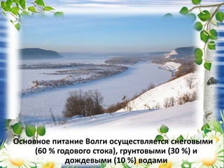 Основное питание Волги осуществляется снеговыми
(60 % годового стока), грунтовыми (30 %) и
дождевыми (10 %) водами
 