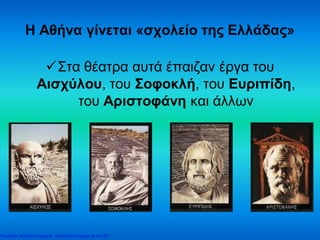 Η Αθήνα γίνεται «σχολείο της Ελλάδας»
Στα θέατρα αυτά έπαιζαν έργα του
Αισχύλου, του Σοφοκλή, του Ευριπίδη,
του Αριστοφάνη και άλλων
Επιμέλεια: Χρήστος Χαρμπής http://xristx.blogspot.gr σελ.30
 