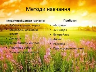 Методи навчання
Інтерактивні методи навчання
• Робота в групах, парах
• Мікрофон, мозковий
штурм
• Дискусія
• Учень замість учителя
• Пошукова робота
• Рольова та ділова гра
Прийоми
• «Інтрига»
• «25 кадр»
• Буктрейлер
• Анонс
• Реклама
• Прогнозоване читання
 