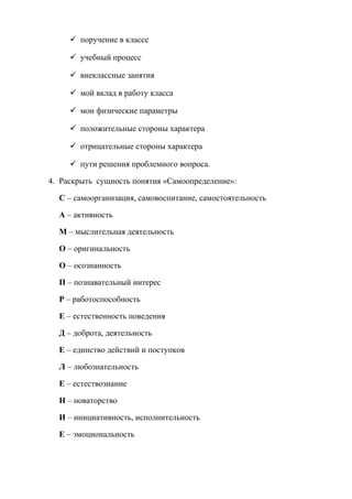  поручение в классе
 учебный процесс
 внеклассные занятия
 мой вклад в работу класса
 мои физические параметры
 положительные стороны характера
 отрицательные стороны характера
 пути решения проблемного вопроса.
4. Раскрыть сущность понятия «Самоопределение»:
С – самоорганизация, самовоспитание, самостоятельность
А – активность
М – мыслительная деятельность
О – оригинальность
О – осознанность
П – познавательный интерес
Р – работоспособность
Е – естественность поведения
Д – доброта, деятельность
Е – единство действий и поступков
Л – любознательность
Е – естествознание
Н – новаторство
И – инициативность, исполнительность
Е – эмоциональность
 