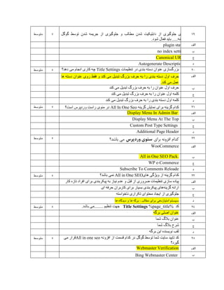 09‫گوگل‬ ‫توسط‬ ‫شدن‬ ‫جریمه‬ ‫از‬ ‫جلوگیری‬ ‫و‬ ‫مطالب‬ ‫شدن‬ ‫دابلیکیت‬ ‫از‬ ‫جلوگیری‬ ‫برای‬
.‫شود‬ ‫فعال‬ ‫باید‬ .....‫گزینه‬
5‫متوسط‬
‫الف‬statusplugin
‫ب‬settingindexno
‫ج‬URLsCanonical
‫د‬Autogenerate Descriptions
11‫تنظیمات‬ ‫در‬ ‫بندی‬ ‫دسته‬ ‫عنوان‬ ‫بزرگسازی‬Title Settings‫دهد؟‬ ‫می‬ ‫انجام‬ ‫کاری‬ ‫چه‬5‫متوسط‬
‫الف‬‫حرف‬‫اول‬‫دسته‬‫بندی‬‫را‬‫به‬‫حرف‬‫بزرگ‬‫تبدیل‬‫می‬‫کند‬‫و‬‫فقط‬‫روی‬‫عنوان‬‫دسته‬‫ها‬
‫عمل‬‫می‬‫کند‬.
‫ب‬‫کند‬ ‫می‬ ‫تبدیل‬ ‫بزرگ‬ ‫حرف‬ ‫به‬ ‫را‬ ‫عنوان‬ ‫اول‬ ‫حرف‬
‫ج‬‫تبدیل‬ ‫بزرگ‬ ‫حرف‬ ‫به‬ ‫را‬ ‫عنوان‬ ‫اول‬ ‫کلمه‬‫کند‬ ‫می‬
‫د‬‫کلمه‬‫اول‬‫دسته‬‫بندی‬‫را‬‫به‬‫حرف‬‫بزرگ‬‫تبدیل‬‫می‬‫کند‬
10‫گزینه‬ ‫نمایش‬ ‫برای‬ ‫گزینه‬ ‫کدام‬All In One Seo‫است؟‬ ‫وردپرس‬ ‫راست‬ ‫منوی‬ ‫در‬5‫متوسط‬
‫الف‬Display Menu In Admin Bar
‫ب‬Display Menu At The Top
‫ج‬Custom Post Type Settings
‫د‬Additional Page Header
11‫کدام‬‫برای‬ ‫افزونه‬‫وردپرس‬ ‫سئوی‬‫باشد؟‬ ‫می‬5‫متوسط‬
‫الف‬WooCommerce
‫ب‬.All in One SEO Pack
‫ج‬WP e-Commerce
‫د‬ReloadeCommentsToSubscribe
11‫های‬ ‫ویژگی‬ ‫از‬ ‫گزینه‬ ‫کدام‬All in One SEO‫باشد؟‬ ‫نمی‬5‫متوسط‬
‫الف‬‫کار‬ ‫تازه‬ ‫افراد‬ ‫برای‬ ‫پیکربندی‬ ‫به‬ ‫نیاز‬ ‫عدم‬ ‫و‬ ‫قبل‬ ‫از‬ ‫ضروری‬ ‫تنظیمات‬ ‫سازی‬ ‫پیاده‬
‫ب‬‫گزینه‬ ‫ارائه‬‫بسیار‬ ‫پیکربندی‬ ‫های‬‫ای‬ ‫حرفه‬ ‫کاربران‬ ‫برای‬
‫ج‬‫ناخواسته‬ ‫تکراری‬ ‫محتوای‬ ‫ایجاد‬ ‫از‬ ‫جلوگیری‬
‫د‬‫ه‬ ‫دیدگاه‬ ‫و‬ ‫ها‬ ‫برگه‬ ، ‫مطالب‬ ‫برای‬ ‫امتیازدهی‬ ‫سیستم‬‫ا‬
11‫کد‬Title Settings %page_title%.‫باشد‬ ‫........می‬ ‫تنظیم‬ ‫جهت‬5‫متوسط‬
‫الف‬‫برگه‬ ‫اصلی‬ ‫عنوان‬
‫ب‬‫شما‬ ‫بالگ‬ ‫عنوان‬
‫ج‬‫شما‬ ‫بالگ‬ ‫شرح‬
‫د‬‫برگه‬ ‫این‬ ‫نویسنده‬ ‫لقب‬
15‫افزونه‬ ‫از‬ ‫قسمت‬ ‫کدام‬ ‫در‬ ‫گوگل‬ ‫توسط‬ ‫شما‬ ‫سایت‬ ‫تایید‬ ‫کد‬All in one seo‫می‬ ‫قرار‬
‫گیرد؟‬
5‫متوسط‬
‫الف‬Webmaster Verification
‫ب‬Bing Webmaster Center
 