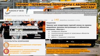 Крупное газовое хозяйство России
7 500 км газовых сетей 1,82 млн газовых плит до 140 аварийных вызовов в сутки
Повысили профессионализм операторов и
справились с угрозой быстрого «эмоционального выгорания»
сотрудников
ЗАДАЧИ БИЗНЕСА
Повысить уровень профессиональной
подготовки операторов горячей линии
Снизить уровень эмоционального выгорания
сотрудников при постоянной работе с
«трудными» клиентами
РЕШЕНИЕ
Тренинг для операторов горячей линии по приему
аварийных звонков поступающих от абонентов
компании «Мосгаз»:
➔ телефонное общение
➔ психологическая защита от агрессивных абонентов
➔ принятие жалоб
➔ работа с «трудными» клиентами
Изучен телефонный этикет общения и разработаны скрипты
ответов на типичные жалобы.
Изучены основы конфликтологии и принципы работы с
«трудными» клиентами. Освоены психологические приемы
взаимодействия с агрессивными абонентами.
РЕЗУЛЬТАТЫ КОМПАНИИ
Повышение квалификации операторов
горячей линии –
Минимизировано влияние факторов,
приводящих к «эмоциональному
выгоранию» сотрудников –
ТРЕНИНГ “ТЕЛЕФОННЫЕ ПЕРЕГОВОРЫ С АБОНЕНТАМИ
МОСГАЗА”
 