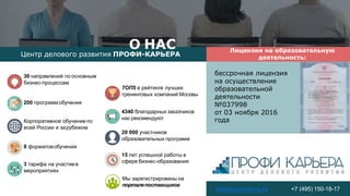 Лицензия на образовательную
деятельность:
Центр делового развития ПРОФИ-КАРЬЕРА
30 направлений по основным
бизнес-процессам
200 программобучения
Корпоративное обучение по
всей России и зарубежом
8 форматовобучения
3 тарифа на участиев
мероприятиях
ТОП5 в рейтинге лучших
тренинговых компаний Москвы
4340 благодарных заказчиков
нас рекомендуют
20 000 участников
образовательных программ
15 лет успешной работы в
сфере бизнес-образования
info@seminarna.ru +7 (495) 150-18-17
О НАС
Мы зарегистрированы на
порталепоставщиков
бессрочная лицензия
на осуществление
образовательной
деятельности
№037998
от 03 ноября 2016
года
 