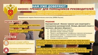 НАМ УЖЕ ДОВЕРЯЮТ
БИЗНЕС-ТРЕНИНГ ДЛЯ ПОМОЩНИКОВ РУКОВОДИТЕЛЕЙ
Федеральное медико-биологическое агентство (ФМБА России)
ЗАДАЧИ БИЗНЕСА
Выровнять профессиональную подготовку
помощников первых лиц
Повысить уровень коммуникации сотрудников
и их мотивацию к работе
РЕЗУЛЬТАТ
РЕШЕНИЕ
Корпоративный «Бизнес-тренинг для секретарей и
помощников руководителей. Имидж, Деловой этикет и
протокол. Деловое общение»:
➔ Деловое общение для секретаря
➔ Деловой имидж и Бизнес-этикет
➔ Прием и распределение телефонных звонков организации
➔ Организация работы с посетителями организации
➔ Взаимоотношения с руководителем и коллегами
➔ Основы конфликтологии
комплексная подача материала позволила освоить весь спектр функций и
обязанностей помощника руководителя, а персональная отработка проблемных
для каждого участника вопросов вывела группу на один высокий уровень
подготовки
работа над общими заданиями и успешное решение кейсов наладила
коммуникацию между всеми помощниками руководства. Отработаны навыки,
которые помогают без труда выполнять ежедневные задачи, за счет чего
повышена мотивация к работе.
Единый стандарт работы
административного персонала
Улучшена коммуникация и
повышена мотивация
сотрудников
Задали единый высокий профессиональный уровень для
помощников первых лиц компании и повысили их мотивацию к работе
 