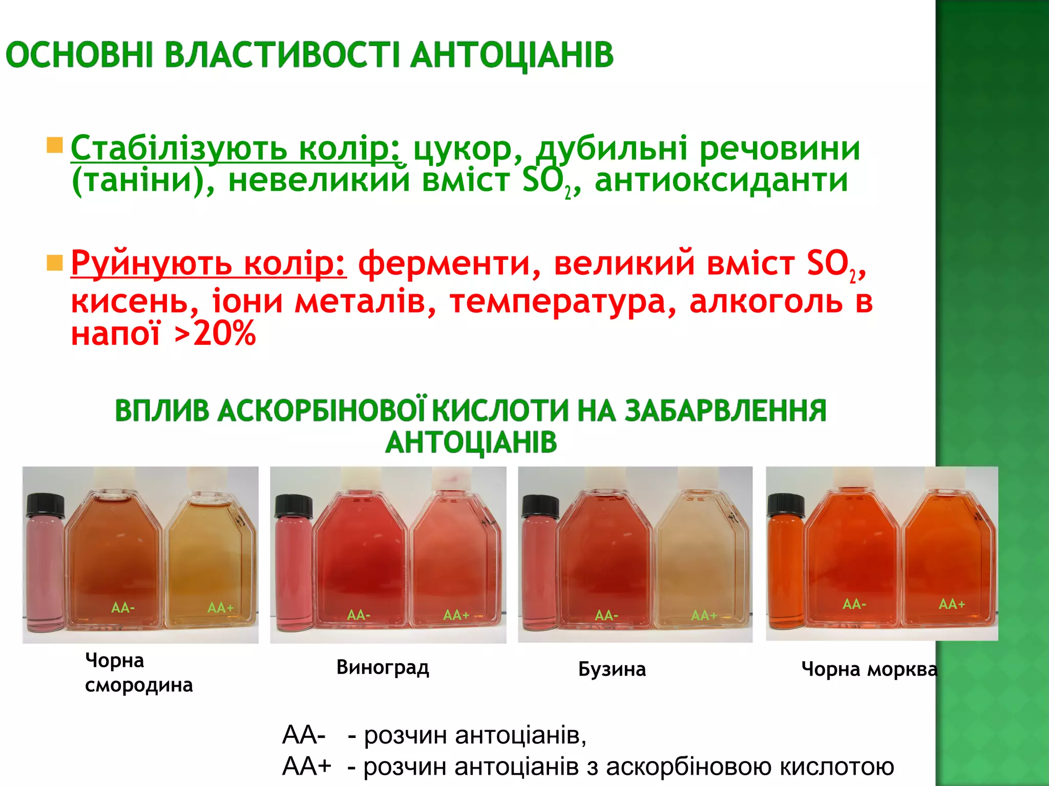 Стабілізують колір: цукор, дубильні речовини
(таніни), невеликий вміст SO2, антиоксиданти
Руйнують колір: ферменти, великий вміст SO2,
кисень, іони металів, температура, алкоголь в
напої >20%
Бузина
AA- AA+
Виноград
AA- AA+
Чорна
смородина
AA- AA+
Чорна морква
AA- AA+
АА- - розчин антоціанів,
АА+ - розчин антоціанів з аскорбіновою кислотою
 