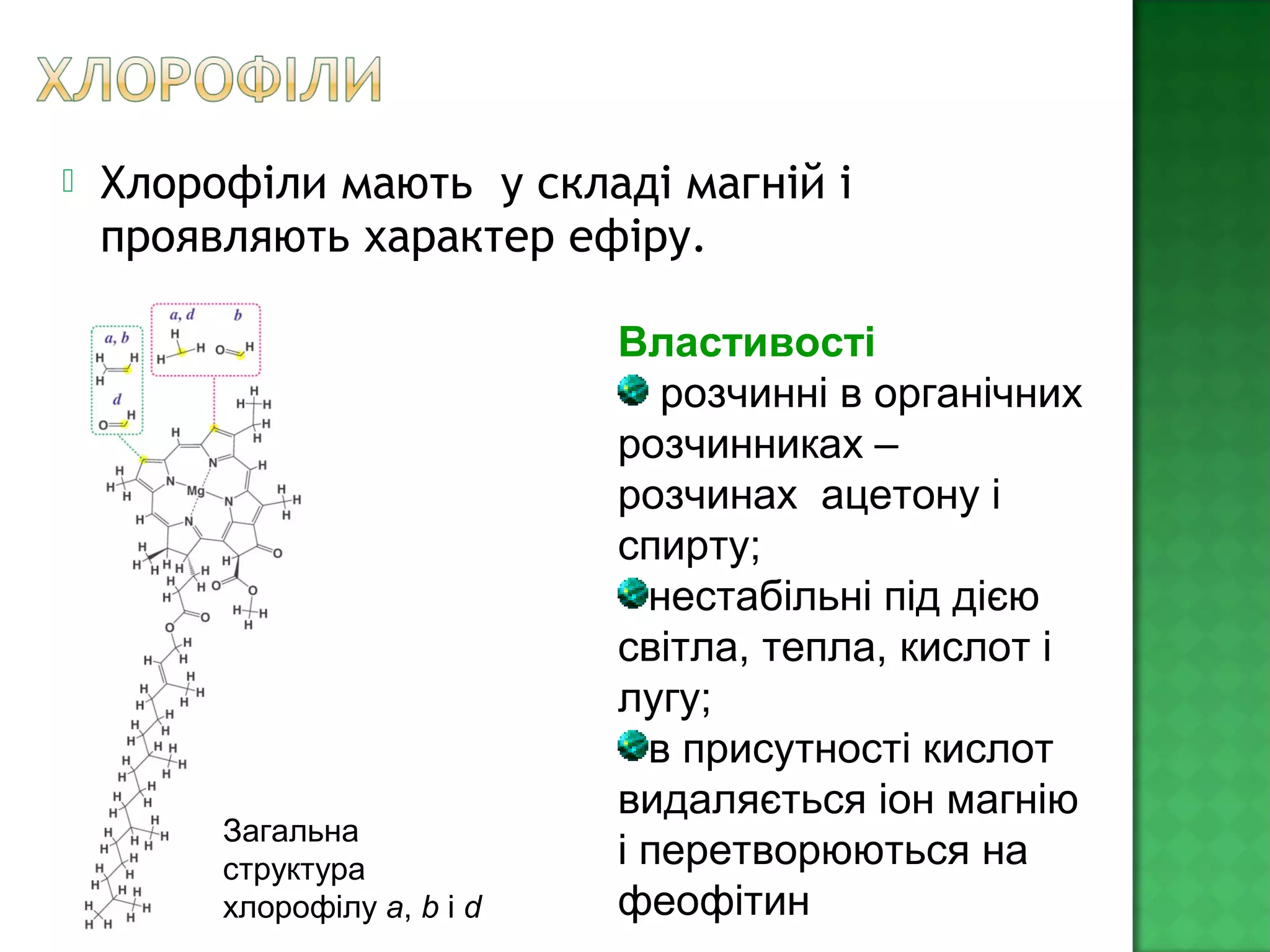  Хлорофіли мають у складі магній і
проявляють характер ефіру.
Властивості
розчинні в органічних
розчинниках –
розчинах ацетону і
спирту;
нестабільні під дією
світла, тепла, кислот і
лугу;
в присутності кислот
видаляється іон магнію
і перетворюються на
феофітин
Загальна
структура
хлорофілу a, b і d
 