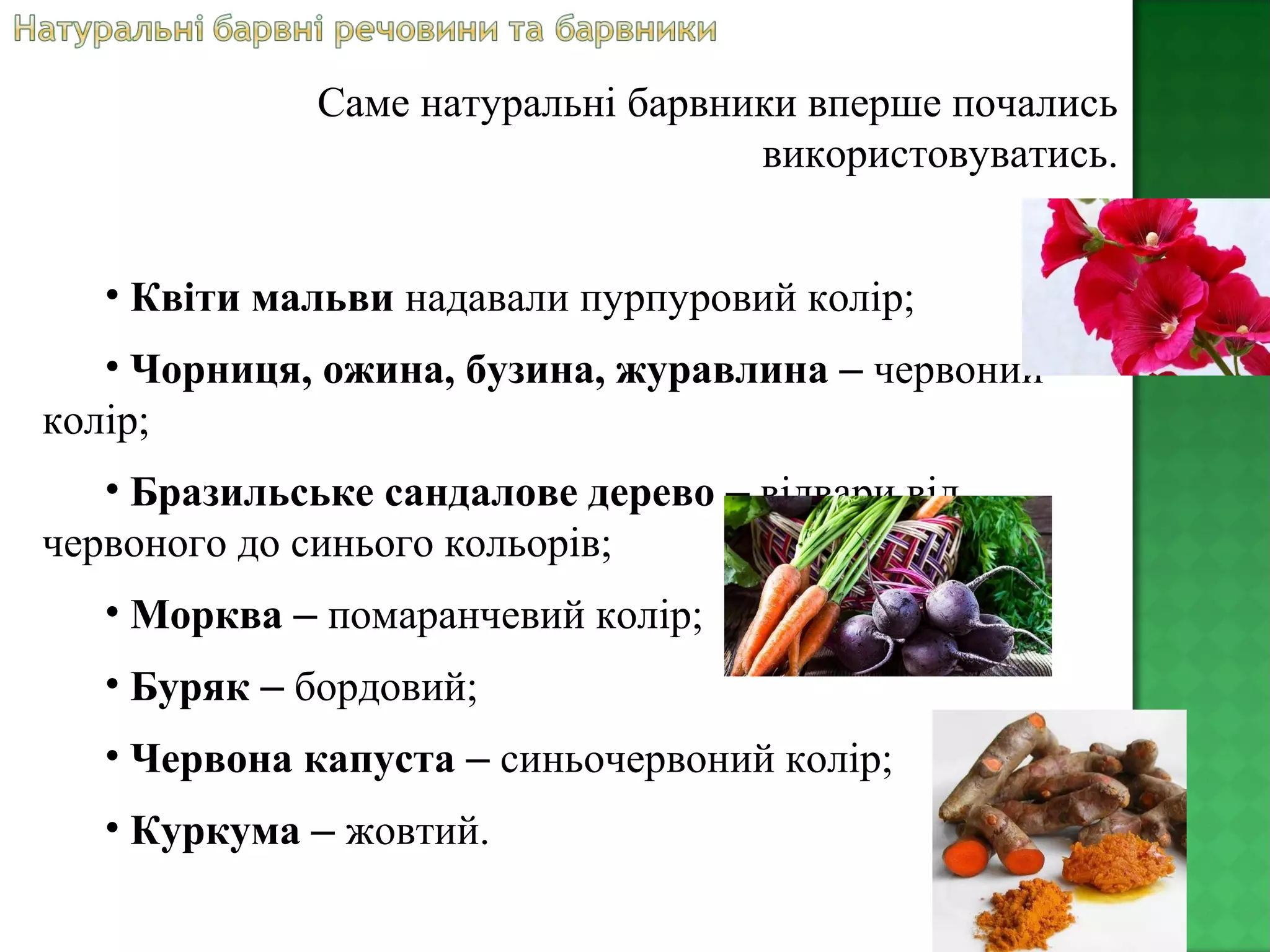 Саме натуральні барвники вперше почались
використовуватись.
• Квіти мальви надавали пурпуровий колір;
• Чорниця, ожина, бузина, журавлина – червоний
колір;
• Бразильське сандалове дерево – відвари від
червоного до синього кольорів;
• Морква – помаранчевий колір;
• Буряк – бордовий;
• Червона капуста – синьочервоний колір;
• Куркума – жовтий.
 