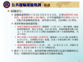 10
臺鐵部分 :
臺鐵疏運期間自 1 月 25 日至 2 月 2 日止，計畫加開列車 349
列次，並加掛車廂 1,492 輛次，日平均運能較平日增加 13.5 ％
，另配合花東縣政府需求，各申請 6 列次，共計開行 12 列次。
東部幹線加強疏運措施：
• 加開宜蘭線及南迴線快車 : 假期間（ 1/27~2/1 ）開行樹林 = 羅東
區間對號快車，每日 3 往返，共計 36 列次，並提供優惠票價 100
元； 1 月 29 日至 2 月 1 日開行南迴線新左營＝台東間復興號，共
計７列次。
• 開行東線 ( 含南迴線 ) 紅眼列車 : 連假前 1 日 (1/26) 及收假日
(1/31-2/1) ，分別開行台北 = 花蓮、台北 = 台東及新左營 = 台東紅
眼列車，並提供七折優惠票價
• 東部幹線實名制列車 :1 月 26 、 27 、 31 及 2 月 1 日，共開行 8
列次。並訂於 106 年 1 月 21 日開放訂票。
截至 1 月 17 日止，東西部幹線尖峰時段部分長途自強號座位已
售完；其餘時段中短途自強號及莒光號尚有餘票。
公共運輸運能規劃公共運輸運能規劃 -- 陸運陸運
 