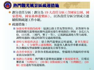 12
熱門觀光風景區疏運措施熱門觀光風景區疏運措施
劃分責任分區：劃分為 19 大責任分區 ( 含國家公園、國
家農場、國家森林遊樂區 ) ，以各責任分區分別成立連
續假期疏運工作小組。
疏運措施：
加強易壅塞路段疏導：協調公路主管及警察單位，針對歷年春
節假期觀光遊樂地區聯外道路易發生壅塞路段 ( 例如：金瓜石九
份、日月潭、三地門、墾丁…等 ) ，已規劃協調地方警力疏導、
調整周邊路口號誌時制等交通疏導措施。
即時互相提供訊息：建立熱門遊樂區定時通報，並事先擬定
A 、 B 、 C 分級警示通報機制，按遊客人數及停車數承載量，
與各機關及警廣聯繫交通疏運及宣導等事宜。
改善停車狀況：針對各重點疏運地區，整備既有與臨時停車場
並派員加強管理。
規劃公共運輸：熱門觀光遊樂地區闢駛 9 條接駁專車，宣導民
搭乘眾 「台灣好行」 (39 條 ) 景點接駁公車及「台灣觀巴」 (59
條 ) 套裝遊程等旅遊服務。
 