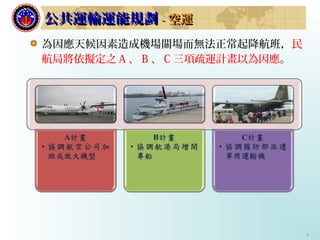 7
為因應天候因素造成機場關場而無法正常起降航班，民
航局將依擬定之 A 、 B 、 C 三項疏運計畫以為因應。
公共運輸運能規劃公共運輸運能規劃 -- 空運空運
 