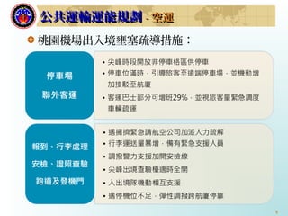 8
桃園機場出入境壅塞疏導措施：
公共運輸運能規劃公共運輸運能規劃 -- 空運空運
 