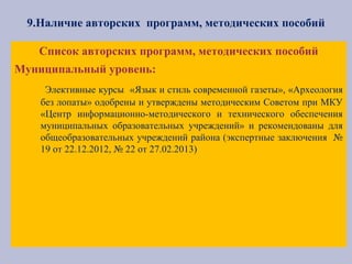 9.Наличие авторских программ, методических пособий
Список авторских программ, методических пособий
Муниципальный уровень:
Элективные курсы «Язык и стиль современной газеты», «Археология
без лопаты» одобрены и утверждены методическим Советом при МКУ
«Центр информационно-методического и технического обеспечения
муниципальных образовательных учреждений» и рекомендованы для
общеобразовательных учреждений района (экспертные заключения №
19 от 22.12.2012, № 22 от 27.02.2013)
 