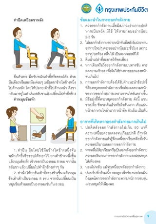 การออกกำ�ลังกายเพื่อสุขภาพ 9
ข้อแนะน�ำในการออกก�ำลังกาย
1.	 ควรออกก�ำลังกายเมื่อมีสภาวะร่างกายปกติ
หากเป็นหวัด มีไข้ ให้หายก่อนอย่างน้อย           
2-3 วัน
2.	 ไม่ออกก�ำลังกายอย่างหนักทันทีหลังรับประทาน
อาหารใหม่ๆ ควรรออย่างน้อย 2 ชั่วโมง เพราะ
อาจปวดท้อง คลื่นไส้ เป็นลมหมดสติได้
3.	 ดื่มน�้ำเปล่าที่สะอาดให้พอเพียง
4.	 หากเดินหรือวิ่งออกก�ำลังกายบนทางชัน ควร
ลดความเร็วลง เพื่อไม่ให้ร่างกายออกแรงหนัก       
จนเกินไป
5.	 การออกก�ำลังกายต้องได้รับค�ำแนะน�ำข้อบ่งชี้
ที่ต้องหยุดออกก�ำลังกายหรือต้องลดความหนัก
ของการออกก�ำลังกายเพราะอาจเกิดอันตรายขึ้น
6.	 มีข้อบ่งชี้ที่ควรหยุดออกก�ำลังกาย ดังนี้ แขน
ขาเปลี้ย ชีพจรเต้นเร็วหรือใจสั่นมาก เจ็บแน่น
หน้าอก หายใจล�ำบาก หน้าซีด ตัวเย็น เป็นต้น
อาการที่เกิดหากออกก�ำลังกายมากเกินไป
1.	 ปกติหลังออกก�ำลังกายไม่เกิน 50 นาที           
ความเหนื่อยควรลดลงจนเกือบปกติ ถ้าหลัง
ออกก�ำลังกายแล้วรู้สึกเหนื่อยหรือเพลียทั้งวัน
ควรลดปริมาณของการออกก�ำลังกาย
2.	 หากคลื่นไส้อาเจียนหรือเป็นลมหลังออกก�ำลังกาย
ควรลดปริมาณการออกก�ำลังกายและผ่อนหยุด
ให้เพียงพอ
3.	 นอนไม่หลับ แม้จะเหนื่อยหลังออกก�ำลังกาย
4.	 ปวดเจ็บที่กล้ามเนื้อกระดูกหรือข้อควรประเมิน
ถึงเทคนิคการออกก�ำลังกายความหนักการอบอุ่น
-ผ่อนหยุดให้เพียงพอ
	 ท่ายืดเหยียดขาหลัง
	
	
	 ยืนตัวตรง มือจับพนักเก้าอี้หรือขอบโต๊ะ ด้วย       
มือเดียวหรือสองมือค่อยๆเหยียดขาข้างใดข้างหนึ่ง
ไปด้านหลัง โดยให้ปลายเท้าชี้ไปด้านหน้า ดึงขา
กลับมาอยู่ในท่าเดิมสลับขาแล้วเปลี่ยนไปท�ำอีกข้าง
	 ท่าหมุนข้อเท้า
	 1.	ท่ายืน ยืนโดยใช้มือข้างใดข้างหนึ่งจับ        
พนักเก้าอี้หรือขอบโต๊ะเอาไว้ ยกเท้าข้างหนึ่งขึ้น
แล้วหมุนข้อเท้า เข้า/ออกเป็นวงกลม 8 รอบ จากนั้น
สลับขา แล้วเปลี่ยนไปท�ำอีกข้างเท่าๆ กัน
	 2.	ท่านั่ง ให้ยกส้นเท้าทั้งสองข้างขึ้น แล้วหมุน
ข้อเท้าเข้าเป็นวงกลม 8 รอบ จากนั้นเปลี่ยนเป็น
หมุนข้อเท้าออกเป็นวงกลมเช่นกัน 8 รอบ
 