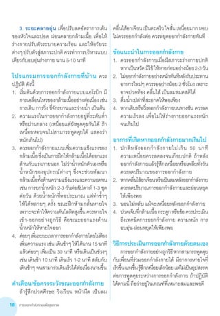 การออกกำ�ลังกายเพื่อสุขภาพ18
	 3.	ระยะคลายอุ่น เพื่อปรับลดอัตราการเต้น
ของหัวใจและปอด ผ่อนคลายกล้ามเนื้อ เพื่อให้
ร่างกายปรับตัวระบายความร้อน และให้อวัยวะ
ต่างๆปรับตัวสู่สภาวะปกติควรท�ำการบริหารแบบ
เดียวกับอบอุ่นร่างกาย นาน 5-10 นาที
โปรแกรมการออกก�ำลังกายที่บ้าน ควร
ปฏิบัติ ดังนี้
1.	 เริ่มต้นด้วยการออกก�ำลังกายแบบแอโรบิก มี
การเคลื่อนไหวของกล้ามเนื้ออย่างต่อเนื่องเช่น
การเดิน การวิ่ง ขี่จักรยานและว่ายน�้ำ เป็นต้น
2.	 ความแรงในการออกก�ำลังกายอยู่ที่ระดับต�่ำ
หรือปานกลาง (เหนื่อยแต่ยังพูดคุยกันได้ ถ้า
เหนื่อยหอบจนไม่สามารถพูดคุยได้ แสดงว่า
หนักเกินไป)
3.	 ควรออกก�ำลังกายแบบเพิ่มความแข็งแรงของ
กล้ามเนื้อซึ่งเป็นการฝึกให้กล้ามเนื้อได้ออกแรง
ต้านกับแรงภายนอก ไม่ว่าน�้ำหนักตัวเองหรือ
น�้ำหนักของอุปกรณ์ต่างๆ ซึ่งจะช่วยพัฒนา
กล้ามเนื้อทั้งด้านความแข็งแรงและความอดทน
เช่น การยกน�้ำหนัก 2-3 วันต่อสัปดาห์ 1-3 ชุด
ต่อวัน ด้วยน�้ำหนักที่พอประมาณ แต่ท�ำซ�้ำๆ      
ให้ได้หลายๆ ครั้ง ขณะฝึกห้ามกลั้นหายใจ
เพราะจะท�ำให้ความดันโลหิตสูงขึ้นควรหายใจ
เข้า-ออกอย่างถูกวิธี คือขณะออกแรงต้าน          
น�้ำหนักให้หายใจออก
4.	 ค่อยๆเพิ่มระยะเวลาการออกก�ำลังกายโดยไม่ต้อง
เพิ่มความแรง เช่น เดินช้าๆ ให้ได้นาน 15 นาที
แล้วค่อยๆ เพิ่มเป็น 30 นาที หรือเดินเป็นช่วงๆ
เช่น เดินช้า 10 นาที เดินเร็ว 1-2 นาที สลับกับ
เดินช้าๆ จนสามารถเดินเร็วได้ต่อเนื่องนานขึ้น
ค�ำเตือน/ข้อควรระวังขณะออกก�ำลังกาย
	 ถ้ารู้สึกปวดศีรษะ วิงเวียน หน้ามืด เป็นลม
คลื่นไส้อาเจียนเป็นตะคริวใจสั่นเหนื่อยมากหอบ
ไม่ควรออกก�ำลังต่อ ควรหยุดออกก�ำลังกายทันที
ข้อแนะน�ำในการออกก�ำลังกาย
1.	 ควรออกก�ำลังกายเมื่อมีสภาวะร่างกายปกติ
หากเป็นหวัดมีไข้ให้หายก่อนอย่างน้อย2-3วัน
2.	 ไม่ออกก�ำลังกายอย่างหนักทันทีหลังรับประทาน
อาหารใหม่ๆ ควรรออย่างน้อย 2 ชั่วโมง เพราะ
อาจปวดท้อง คลื่นไส้ เป็นลมหมดสติได้
3.	 ดื่มน�้ำเปล่าที่สะอาดให้พอเพียง
4.	 หากเดินหรือวิ่งออกก�ำลังกายบนทางชัน ควรลด
ความเร็วลง เพื่อไม่ให้ร่างกายออกแรงหนัก        
จนเกินไป
อาการที่เกิดหากออกก�ำลังกายมากเกินไป
1.	 ปกติหลังออกก�ำลังกายไม่เกิน 50 นาที           
ความเหนื่อยควรลดลงจนเกือบปกติ ถ้าหลัง
ออกก�ำลังกายแล้วรู้สึกเหนื่อยหรือเพลียทั้งวัน
ควรลดปริมาณของการออกก�ำลังกาย
2.	 หากคลื่นไส้อาเจียนหรือเป็นลมหลังออกก�ำลังกาย
ควรลดปริมาณการออกก�ำลังกายและผ่อนหยุด
ให้เพียงพอ
3.	 นอนไม่หลับ แม้จะเหนื่อยหลังออกก�ำลังกาย
4.	 ปวดเจ็บที่กล้ามเนื้อกระดูกหรือข้อควรประเมิน
ถึงเทคนิคการออกก�ำลังกาย ความหนัก การ
อบอุ่น-ผ่อนหยุดให้เพียงพอ
วิธีการประเมินการออกก�ำลังกายด้วยตนเอง
	 การออกก�ำลังกายอย่างถูกวิธีหากสามารถพูดคุย
กับเพื่อนที่ร่วมออกก�ำลังกายได้ มีอาการหายใจที่
เร็วขึ้นแรงขึ้นรู้สึกเหนื่อยเล็กน้อยแต่ไม่เป็นอุปสรรค
ต่อการพูดคุยระหว่างการออกก�ำลังกาย ถ้าปฏิบัติ   
ได้ตามนี้ ถือว่าอยู่ในเกณฑ์ที่เหมาะสมและพอดี
 