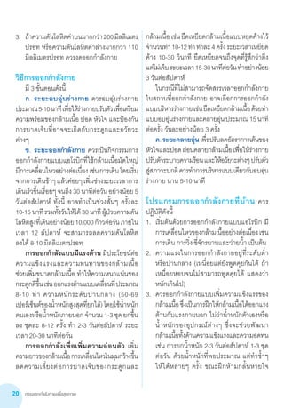 การออกกำ�ลังกายเพื่อสุขภาพ20
3.	 ถ้าความดันโลหิตค่าบนมากกว่า200มิลลิเมตร
ปรอท หรือความดันโลหิตค่าล่างมากกว่า 110
มิลลิเมตรปรอท ควรงดออกก�ำลังกาย
วิธีการออกก�ำลังกาย
	 มี 3 ขั้นตอนดังนี้
	 ก. ระยะอบอุ่นร่างกาย ควรอบอุ่นร่างกาย
ประมาณ5-10นาทีเพื่อให้ร่างกายปรับตัวเพื่อเตรียม
ความพร้อมของกล้ามเนื้อ ปอด หัวใจ และป้องกัน
การบาดเจ็บที่อาจจะเกิดกับกระดูกและอวัยวะ
ต่างๆ
	 ข. ระยะออกก�ำลังกาย ควรเป็นกิจกรรมการ
ออกก�ำลังกายแบบแอโรบิกที่ใช้กล้ามเนื้อมัดใหญ่
มีการเคลื่อนไหวอย่างต่อเนื่องเช่นการเดินโดยเริ่ม
จากการเดินช้าๆแล้วค่อยๆเพิ่มช่วงระยะเวลาการ
เดินเร็วขึ้นเรื่อยๆ จนถึง 30 นาทีต่อวัน อย่างน้อย 5
วันต่อสัปดาห์ ทั้งนี้ อาจท�ำเป็นช่วงสั้นๆ ครั้งละ  
10-15นาทีรวมทั้งวันให้ได้30นาทีผู้ป่วยความดัน
โลหิตสูงที่เดินอย่างน้อย10,000ก้าวต่อวันภายใน
เวลา 12 สัปดาห์ จะสามารถลดความดันโลหิต          
ลงได้ 8-10 มิลลิเมตรปรอท
	 การออกก�ำลังแบบมีแรงต้าน มีประโยชน์ต่อ
ความแข็งแรงและความทนทานของกล้ามเนื้อ       
ช่วยเพิ่มขนาดกล้ามเนื้อ ท�ำให้ความหนาแน่นของ
กระดูกดีขึ้นเช่นออกแรงต้านแบบเคลื่อนที่ประมาณ
8-10 ท่า ความหนักระดับปานกลาง (50-69
เปอร์เซ็นต์ของน�้ำหนักสูงสุดที่ยกได้)โดยใช้น�้ำหนัก
ตนเองหรือน�้ำหนักภายนอก จ�ำนวน 1-3 ชุด ยกขึ้น
ลง ชุดละ 8-12 ครั้ง ท�ำ 2-3 วันต่อสัปดาห์ ระยะ
เวลา 20-30 นาทีต่อวัน
	 การออกก�ำลังเพื่อเพิ่มความอ่อนตัว เพิ่ม
ความยาวของกล้ามเนื้อการเคลื่อนไหวในมุมกว้างขึ้น
ลดความเสี่ยงต่อการบาดเจ็บของกระดูกและ  
กล้ามเนื้อเช่นยืดเหยียดกล้ามเนื้อแบบหยุดค้างไว้
จ�ำนวนท่า10-12ท่าท่าละ4ครั้งระยะเวลาเหยียด
ค้าง 10-30 วินาที ยืดเหยียดจนถึงจุดที่รู้สึกว่าตึง
แต่ไม่เจ็บระยะเวลา15-30นาทีต่อวันท�ำอย่างน้อย
3 วันต่อสัปดาห์
	 ในกรณีที่ไม่สามารถจัดสรรเวลาออกก�ำลังกาย
ในสถานที่ออกก�ำลังกาย อาจเลือกการออกก�ำลัง
แบบบริหารร่างกายเช่นยืดเหยียดกล้ามเนื้อด้วยท่า
แบบอบอุ่นร่างกายและคลายอุ่นประมาณ15นาที
ต่อครั้ง วันละอย่างน้อย 3 ครั้ง
	 ค.ระยะคลายอุ่นเพื่อปรับลดอัตราการเต้นของ
หัวใจและปอดผ่อนคลายกล้ามเนื้อเพื่อให้ร่างกาย
ปรับตัวระบายความร้อนและให้อวัยวะต่างๆปรับตัว
สู่สภาวะปกติควรท�ำการบริหารแบบเดียวกับอบอุ่น
ร่างกาย นาน 5-10 นาที
โปรแกรมการออกก�ำลังกายที่บ้าน ควร
ปฏิบัติดังนี้
1.	 เริ่มต้นด้วยการออกก�ำลังกายแบบแอโรบิก มี
การเคลื่อนไหวของกล้ามเนื้ออย่างต่อเนื่องเช่น
การเดิน การวิ่ง ขี่จักรยานและว่ายน�้ำ เป็นต้น
2.	 ความแรงในการออกก�ำลังกายอยู่ที่ระดับต�่ำ
หรือปานกลาง (เหนื่อยแต่ยังพูดคุยกันได้ ถ้า
เหนื่อยหอบจนไม่สามารถพูดคุยได้ แสดงว่า
หนักเกินไป)
3.	 ควรออกก�ำลังกายแบบเพิ่มความแข็งแรงของ
กล้ามเนื้อซึ่งเป็นการฝึกให้กล้ามเนื้อได้ออกแรง
ต้านกับแรงภายนอก ไม่ว่าน�้ำหนักตัวเองหรือ
น�้ำหนักของอุปกรณ์ต่างๆ ซึ่งจะช่วยพัฒนา
กล้ามเนื้อทั้งด้านความแข็งแรงและความอดทน
เช่น การยกน�้ำหนัก 2-3 วันต่อสัปดาห์ 1-3 ชุด
ต่อวัน ด้วยน�้ำหนักที่พอประมาณ แต่ท�ำซ�้ำๆ      
ให้ได้หลายๆ ครั้ง ขณะฝึกห้ามกลั้นหายใจ
 