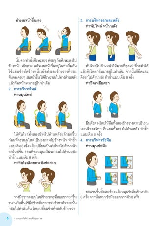 การออกกำ�ลังกายเพื่อสุขภาพ6
3.	 การบริหารอกและหลัง
	 ท่าพับไหล่ หน้า/หลัง
	
	
	 พับไหล่ไปด้านหน้าให้มากที่สุดเท่าที่จะท�ำได้
แล้วดึงไหล่กลับมาอยู่ในท่าเดิม จากนั้นก็ยืดและ
ดึงอกไปด้านหลัง ท�ำซ�้ำแบบเดิม 8 ครั้ง
	 ท่ายืดเหยียดอก
	
	 ยืนตัวตรงโดยให้มือทั้งสองข้างวางตรงบริเวณ
เอวหรือสะโพก ดึงแขนทั้งสองไปด้านหลัง ท�ำซ�้ำ
แบบเดิม 8 ครั้ง
4.	 การบริหารข้อมือ
	 ท่าหมุนข้อมือ
	
	 ยกแขนขึ้นทั้งสองข้างแล้วหมุนข้อมือเข้าหาตัว
8 ครั้ง จากนั้นหมุนข้อมือออกจากตัว 8 ครั้ง
	 ท่าเงยหน้าขึ้น/ลง
	
	 เริ่มจากท่านั่งศีรษะตรง ค่อยๆ ก้มศีรษะลงไป
ข้างหน้า เก็บคาง แล้วเงยหน้าขึ้นอยู่ในท่าเริ่มต้น  
ใช้แขนข้างใดข้างหนึ่งหรือทั้งสองข้างวางที่หลัง
ต้นคอค่อยๆเงยหน้าขึ้นให้ศีรษะเอนไปทางด้านหลัง
แล้วก้มหน้าลงมาอยู่ในท่าเดิม
2.	 การบริหารไหล่
	 ท่าหมุนไหล่
	
	 ให้พับไหล่ทั้งสองข้างไปด้านหลังแล้วยกขึ้น
ก่อนที่จะหมุนไหล่เป็นวงกลมไปข้างหน้า ท�ำซ�้ำ
แบบเดิม8ครั้งแล้วเปลี่ยนเป็นพับไหล่ไปด้านหน้า
ยกไหล่ขึ้น ก่อนที่จะหมุนเป็นวงกลมไปด้านหลัง
ท�ำซ�้ำแบบเดิม 8 ครั้ง
	 ท่ายืดไหล่โดยการดึงข้อศอก
	 วางมือขวาลงบนไหล่ซ้ายขณะที่ศอกขวายกขึ้น
ขนานกับพื้นใช้มือซ้ายดึงศอกขวาเข้าหาตัวจากนั้น
กลับไปท่าเริ่มต้น โดยเปลี่ยนข้างท�ำสลับซ้ายขวา
 