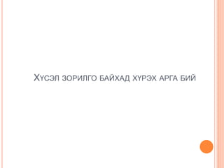 ХҮСЭЛ ЗОРИЛГО БАЙХАД ХҮРЭХ АРГА БИЙ
 