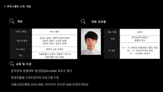 서비스 명칭 하우스엘프
대표 및 팀원
김민수 (경영) / 백찬혁 (중국지역학)
강동이 (경영) / 오유정 (경영)
권성연 (경영) / 윤상은 (경영)
주 서비스 통번역, 교육, 마케팅
주소
서울특별시 노원구 덕릉로 71길 30
(양지대림 102-1404)
대표 이름 김민수
학력
한국외국어대학교
경영학 학사
주 경력
13’ ~ 14’ 파운틴 문화콘텐츠 웹진 대표
14’ ~ 15’ 아프리카티비 인턴
15’ ~ 프리랜서 번역가
한국외대 경영대학 청년창업MiniMBA 최우수 평가
창업진흥원 스마트창작터 프로그램 수료
서울산업진흥원 2016 DMC 아이디어 오디션 DMC코넷이사장상
 