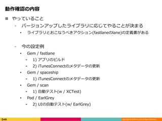 Copyright © DeNA Co.,Ltd. All Rights Reserved.
動作確認の内容
 やっていること
⁃ バージョンアップしたライブラリに応じてやることが決まる
• ライブラリとおこなうべきアクション(fastlaneのlane)の定義書がある
⁃ 今の設定例
• Gem / fastlane
⁃ 1) アプリのビルド
⁃ 2) iTunesConnectのメタデータの更新
• Gem / spaceship
⁃ 1) iTunesConnectのメタデータの更新
• Gem / scan
⁃ 1) 自動テスト(w / XCTest)
• Pod / EarlGrey
⁃ 2) UIの自動テスト(w/ EarlGrey)
 