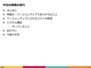 Copyright © DeNA Co.,Ltd. All Rights Reserved.
今日の発表の流れ
 はじめに
 問題点：バージョンアップでありがちなこと
 バージョンアップにかかるコストの軽減
 システム構成
⁃ やっていること
 おわりに
 今後の予定
 