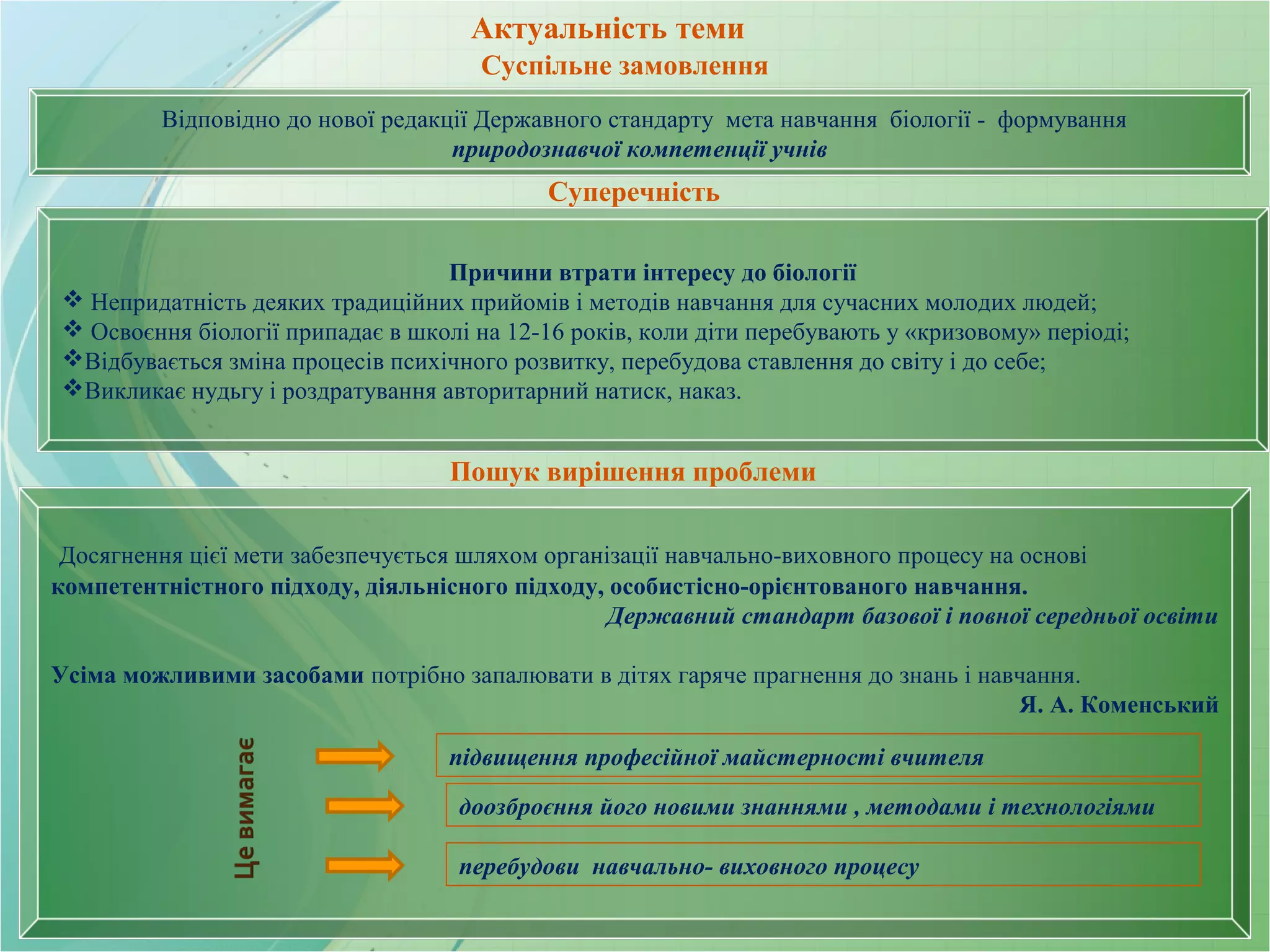 Актуальність теми
Відповідно до нової редакції Державного стандарту мета навчання біології - формування
природознавчої компетенції учнів
Досягнення цієї мети забезпечується шляхом організації навчально-виховного процесу на основі
компетентністного підходу, діяльнісного підходу, особистісно-орієнтованого навчання.
Державний стандарт базової і повної середньої освіти
Усіма можливими засобами потрібно запалювати в дітях гаряче прагнення до знань і навчання.
Я. А. Коменський
Причини втрати інтересу до біології
 Непридатність деяких традиційних прийомів і методів навчання для сучасних молодих людей;
 Освоєння біології припадає в школі на 12-16 років, коли діти перебувають у «кризовому» періоді;
Відбувається зміна процесів психічного розвитку, перебудова ставлення до світу і до себе;
Викликає нудьгу і роздратування авторитарний натиск, наказ.
Суперечність
Пошук вирішення проблеми
Суспільне замовлення
підвищення професійної майстерності вчителя
доозброєння його новими знаннями , методами і технологіями
перебудови навчально- виховного процесу
 