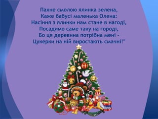 Пахне смолою ялинка зелена,
Каже бабусі маленька Олена:
Насіння з ялинки нам стане в нагоді,
Посадимо саме таку на городі,
Бо ця деревина потрібна мені -
Цукерки на ній виростають смачні!"
 