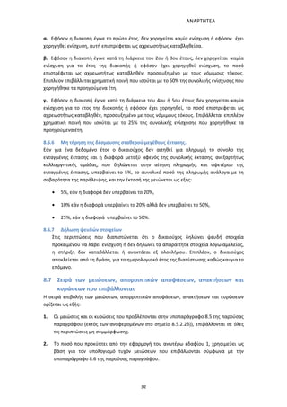 ΑΝΑΡΤΗΤΕΑ
32
α. Εφόσον η διακοπή έγινε το πρώτο έτος, δεν χορηγείται καμία ενίσχυση ή εφόσον έχει
χορηγηθεί ενίσχυση, αυτή επιστρέφεται ως αχρεωστήτως καταβληθείσα.
β. Εφόσον η διακοπή έγινε κατά τη διάρκεια του 2ου ή 3ου έτους, δεν χορηγείται καμία
ενίσχυση για το έτος της διακοπής ή εφόσον έχει χορηγηθεί ενίσχυση, το ποσό
επιστρέφεται ως αχρεωστήτως καταβληθέν, προσαυξημένο με τους νόμιμους τόκους.
Επιπλέον επιβάλλεται χρηματική ποινή που ισούται με το 50% της συνολικής ενίσχυσης που
χορηγήθηκε τα προηγούμενα έτη.
γ. Εφόσον η διακοπή έγινε κατά τη διάρκεια του 4ου ή 5ου έτους δεν χορηγείται καμία
ενίσχυση για το έτος της διακοπής ή εφόσον έχει χορηγηθεί, το ποσό επιστρέφεται ως
αχρεωστήτως καταβληθέν, προσαυξημένο με τους νόμιμους τόκους. Επιβάλλεται επιπλέον
χρηματική ποινή που ισούται με το 25% της συνολικής ενίσχυσης που χορηγήθηκε τα
προηγούμενα έτη.
8.6.6 Μη τήρηση της δέσμευσης σταθερού μεγέθους έκτασης.
Εάν για ένα δεδομένο έτος ο δικαιούχος δεν αιτηθεί για πληρωμή το σύνολο της
ενταγμένης έκτασης και η διαφορά μεταξύ αφενός της συνολικής έκτασης, ανεξαρτήτως
καλλιεργητικής ομάδας, που δηλώνεται στην αίτηση πληρωμής, και αφετέρου της
ενταγμένης έκτασης, υπερβαίνει το 5%, το συνολικό ποσό της πληρωμής ανάλογα με τη
σοβαρότητα της παράλειψης, και την έκτασή της μειώνεται ως εξής:
 5%, εάν η διαφορά δεν υπερβαίνει το 20%,
 10% εάν η διαφορά υπερβαίνει το 20% αλλά δεν υπερβαίνει το 50%,
 25%, εάν η διαφορά υπερβαίνει το 50%.
8.6.7 Δήλωση ψευδών στοιχείων
Στις περιπτώσεις που διαπιστώνεται ότι ο δικαιούχος δηλώνει ψευδή στοιχεία
προκειμένου να λάβει ενίσχυση ή δεν δηλώνει τα απαραίτητα στοιχεία λόγω αμελείας,
η στήριξη δεν καταβάλλεται ή ανακτάται εξ ολοκλήρου. Επιπλέον, ο δικαιούχος
αποκλείεται από τη δράση, για το ημερολογιακό έτος της διαπίστωσης καθώς και για το
επόμενο.
8.7 Σειρά των μειώσεων, απορριπτικών αποφάσεων, ανακτήσεων και
κυρώσεων που επιβάλλονται
Η σειρά επιβολής των μειώσεων, απορριπτικών αποφάσεων, ανακτήσεων και κυρώσεων
ορίζεται ως εξής:
1. Οι μειώσεις και οι κυρώσεις που προβλέπονται στην υποπαράγραφο 8.5 της παρούσας
παραγράφου (εκτός των αναφερομένων στο σημείο 8.5.2.2δ)), επιβάλλονται σε όλες
τις περιπτώσεις μη συμμόρφωσης.
2. Το ποσό που προκύπτει από την εφαρμογή του ανωτέρω εδαφίου 1, χρησιμεύει ως
βάση για τον υπολογισμό τυχόν μειώσεων που επιβάλλονται σύμφωνα με την
υποπαράγραφο 8.6 της παρούσας παραγράφου.
ΑΔΑ: 7ΑΖΚ4653ΠΓ-ΔΝΦ
 