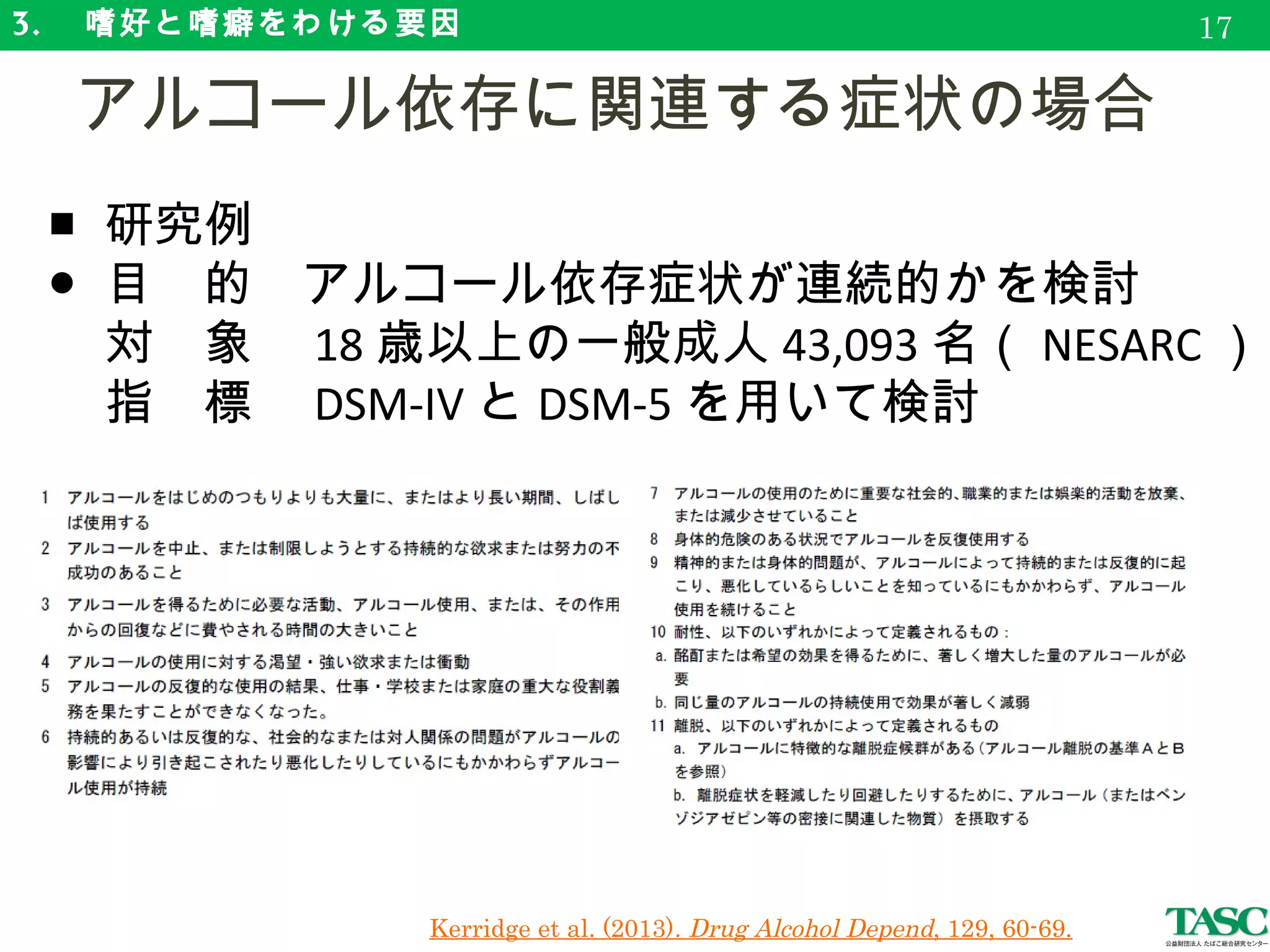 3. 　嗜好と嗜癖をわける要因
　アルコール依存に関連する症状の場合
■ 研究例
● 目　的　アルコール依存症状が連続的かを検討
● 対　象　 18 歳以上の一般成人 43,093 名（ NESARC ）
● 指　標　 DSM-IV と DSM-5 を用いて検討
　
17
Kerridge et al. (2013). Drug Alcohol Depend, 129, 60-69.
 