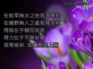 在乾旱無水之地我渴慕祢
在曠野無人之處我尋求祢
得救在乎歸回安息
得力在乎平靜安穩
我等候祢 如鷹展翅上騰
住在祢裡面(華) 2-1
 