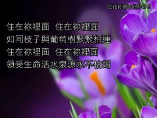 住在祢裡面 住在祢裡面
如同枝子與葡萄樹緊緊相連
住在祢裡面 住在祢裡面
領受生命活水泉源永不枯竭
住在祢裡面(華) 2-2
 