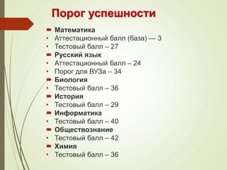 Порог успешности
 Математика
• Аттестационный балл (база) — 3
• Тестовый балл – 27
 Русский язык
• Аттестационный балл – 24
• Порог для ВУЗа – 34
 Биология
• Тестовый балл – 36
 История
• Тестовый балл – 29
 Информатика
• Тестовый балл – 40
 Обществознание
• Тестовый балл – 42
 Химия
• Тестовый балл – 36
 