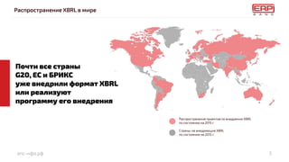 епс-нфо.рф
Распространение XBRL в мире
3
Распространение проектов по внедрению XBRL
по состоянию на 2015 г
Страны, не внедряющие XBRL
по состоянию на 2015 г.
Почти все страны
G20, ЕС и БРИКС
уже внедрили формат XBRL
или реализуют
программу его внедрения
 