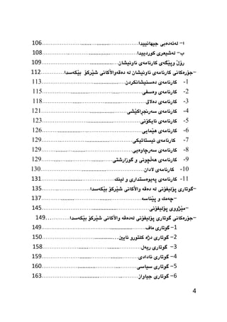 4
‫ا‬-‫لةئةدةبى‬‫جيَاىييذا‬.......................................................016
‫ب‬-‫لةشيعشى‬‫كوس‬‫دييذا‬......................................................012
َ‫ل‬‫سؤ‬‫َطةى‬‫ي‬‫وث‬‫كاسىامةى‬ٌ‫ىاوىيصا‬............................................014
-‫جؤسةكاىى‬‫كاسىامةى‬ٌ‫ىاوىيصا‬‫لة‬‫َكاىى‬‫ال‬‫دةقةوا‬‫َشكؤ‬‫ي‬‫ش‬‫َكةطذا‬‫ي‬‫ب‬.............007
1-ٌ‫دةطييصاىكشد‬ ‫كاسىامةى‬................................................113
2-.............‫وةطفى‬ ‫كاسىامةى‬............................................115
3-..............‫دةالىل‬ ‫كاسىامةى‬.............................................118
4-......‫َصى‬‫ي‬‫ِاك‬‫ش‬‫طةسجن‬ ‫كاسىامةى‬...........................................121
5-.............‫ئايكؤىى‬ ‫كاسىامةى‬...........................................123
6-.......‫َنايي‬‫ي‬ٍ ‫كاسىامةى‬..................................................126
7-.......‫ئيظتاتيكى‬ ‫كاسىامةى‬.............................................129
8-.‫طةسضاوةيي‬ ‫كاسىامةى‬...................................................129
9-..‫طوصاسشتى‬ ‫و‬ ‫َضوىى‬‫ل‬‫ٍة‬ ‫كاسىامةى‬.......................................129
11-....................ٌ‫الدا‬ ‫كاسىامةى‬.......................................131
11-‫كاسىامةى‬‫ثةيوةطتذاسى‬‫و‬‫لييك‬..........................................050
-‫طوتاسى‬‫ثؤليفؤىى‬‫لة‬‫دةقة‬‫َكاىى‬‫ال‬‫وا‬‫َشكؤ‬‫ي‬‫ش‬‫َكةطذا‬‫ي‬‫ب‬...........................050
-‫ضةمك‬‫و‬‫َياطة‬‫ي‬‫ث‬.........................................................052
-‫َزووى‬‫ي‬‫م‬‫ثؤليفؤىى‬.............................................................090
-‫جؤسةكاىى‬‫طوتاسى‬‫ثؤليفؤىى‬‫لةدةقة‬‫َكاىى‬‫ال‬‫وا‬‫َشكؤ‬‫ي‬‫ش‬‫َكةطذا‬‫ي‬‫ب‬..........…094
0-‫طوتاسى‬‫ماف‬.................................................................094
7-‫طوتاسى‬‫درة‬‫كمتوسو‬‫ئايني‬…………….............................001
5-‫طوتاسى‬‫سيةل‬........................................................002
9-‫طوتاسى‬‫ىادادى‬.......................................................004
0-‫طوتاسى‬‫طياطى‬......................................................061
6-‫طوتاسى‬‫جياواص‬.......................................................065
 