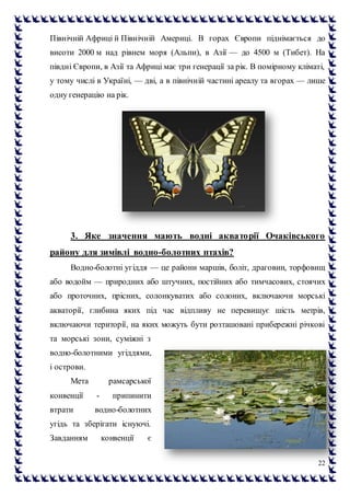 22
Північній Африці й Північній Америці. В горах Європи піднімається до
висоти 2000 м над рівнем моря (Альпи), в Азії — до 4500 м (Тибет). На
півдні Європи, в Азії та Африці має три генерації за рік. В помірному кліматі,
у тому числі в Україні, — дві, а в північній частині ареалу та вгорах — лише
одну генерацію на рік.
3. Яке значення мають водні акваторії Очаківського
району для зимівлі водно-болотних птахів?
Водно-болотні угіддя — це райони маршів, боліт, драговин, торфовищ
або водойм — природних або штучних, постійних або тимчасових, стоячих
або проточних, прісних, солонкуватих або солоних, включаючи морські
акваторії, глибина яких під час відпливу не перевищує шість метрів,
включаючи території, на яких можуть бути розташовані прибережні річкові
та морські зони, суміжні з
водно-болотними угіддями,
і острови.
Мета рамсарської
конвенції - припинити
втрати водно-болотних
угідь та зберігати існуючі.
Завданням конвенції є
 
