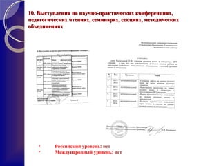 10.10. Выступления на научно-практических конференциях,Выступления на научно-практических конференциях,
педагогических чтениях, семинарах, секциях, методическихпедагогических чтениях, семинарах, секциях, методических
объединенияхобъединениях
• Российский уровень: нет
• Международный уровень: нет
 
