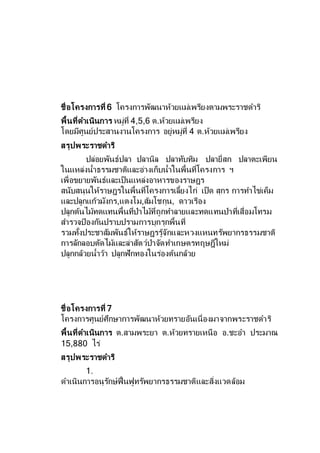 ชื่อโครงการที่ 6 โครงการพัฒนาห้วยแม่เพรียงตามพระราชดาริ
พื้นที่ดาเนินการ หมู่ที่ 4,5,6 ต.ห้วยแม่เพรียง
โดยมีศูนย์ประสานงานโครงการ อยู่หมู่ที่ 4 ต.ห้วยแม่เพรียง
สรุปพระราชดาริ
ปล่อยพันธ์ปลา ปลานิล ปลาทับทิม ปลายี่สก ปลาตะเพียน
ในแหล่งน้าธรรมชาติและอ่างเก็บน้าในพื้นที่โครงการ ฯ
เพื่อขยายพันธ์และเป็นแหล่งอาหารของราษฎร
สนับสนุนให้ราษฎรในพื้นที่โครงการเลี้ยงไก่ เป็ด สุกร การทาไข่เค็ม
และปลูกแก้วมังกร,แตงโม,ส้มโชกุน, ดาวเรือง
ปลูกต้นไม้ทดแทนพื้นที่ป่าไม้ที่ถูกทาลายและทดแทนป่าที่เสื่อมโทรม
สารวจป้องกันปราบปรามการบุกรุกพื้นที่
รวมทั้งประชาสัมพันธ์ให้ราษฎรรู้จักและหวงแหนทรัพยากรธรรมชาติ
การลักลอบตัดไม้และล่าสัตว์ป่าจัดทาเกษตรทฤษฎีใหม่
ปลูกกล้วยน้าว้า ปลูกฟักทองในร่องต้นกล้วย
ชื่อโครงการที่ 7
โครงการศูนย์ศึกษาการพัฒนาห้วยทรายอันเนื่องมาจากพระราชดาริ
พื้นที่ดาเนินการ ต.สามพระยา ต.ห้วยทรายเหนือ อ.ชะอา ประมาณ
15,880 ไร่
สรุปพระราชดาริ
1.
ดาเนินการอนุรักษ์ฟื้นฟูทรัพยากรธรรมชาติและสิ่งแวดล้อม
 
