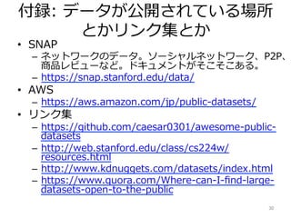 付録: データが公開されている場所
とかリンク集とか
•  SNAP
–  ネットワークのデータ。ソーシャルネットワーク、P2P、
商品レビューなど。ドキュメントがそこそこある。
–  https://snap.stanford.edu/data/
•  AWS
–  https://aws.amazon.com/jp/public-datasets/
•  リンク集
–  https://github.com/caesar0301/awesome-public-
datasets
–  http://web.stanford.edu/class/cs224w/
resources.html
–  http://www.kdnuggets.com/datasets/index.html
–  https://www.quora.com/Where-can-I-ﬁnd-large-
datasets-open-to-the-public
30	
 