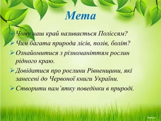 Мета
Чому наш край називається Поліссям?
Чим багата природа лісів, полів, боліт?
Ознайомитися з різноманіттям рослин
рідного краю.
Довідатися про рослини Рівненщини, які
занесені до Червоної книги України.
Створити пам’ятку поведінки в природі.
 