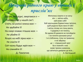 Природа рідного краю у віршах і
прислів’ях
До вас, мої рідні, звертаюся я —
Найменший у нашій сім’ї:
Стоїть на узліссі ялина моя —
Не зрубайте її!
На озері плаває пташка моя —
Не убийте її!
Яскріє на небі зірка моя —
Не згасіте її!
Світ-казку будує мрія моя —
Не спиняйте її!
Д. Павличко
Метелика ловити я не хочу:
він — квітка неба,
хай живе собі!
Хай крильцями барвистими тріпоче,
щоб радісно було мені й тобі!
І квітку лісову не стану рвати,
її додому я не понесу,
бо вдома їй джмеля не погойдати
і не попити ранками росу!
І ні стеблинку, гілку чи травинку
я не ображу:
це — страшенний гріх!
Бо в кожній з них
живе тремка живинка,
що світиться довірою до всіх...
А. Костецький
 