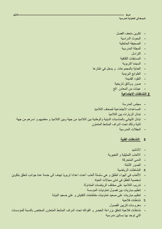 ‫ص‬6-------------------------------------------------------------------------------------------------------------------‫الدليل‬
‫المدرسية‬ ‫التعاونية‬ ‫في‬ ‫المبسط‬
-‫الفصل‬ ‫متحف‬ ‫تكوين‬
-‫الدراسية‬ ‫البحوث‬
-‫الحائطية‬ ‫الصحيفة‬
-‫المدرسية‬ ‫المجلة‬
-‫التراسل‬
-‫الثقافية‬ ‫المسابقات‬
-‫التربوية‬ ‫السينما‬
-‫اطارها‬ ‫في‬ ‫يدخل‬ ‫و‬ ‫بالمجموعات‬ ‫العناية‬
-‫البريدية‬ ‫الطوابع‬
-‫القديمة‬ ‫النقود‬
-‫تاريخية‬ ‫ووثائق‬ ‫صور‬
-‫الخ‬ ‫المعادن‬ ‫من‬ ‫عينات‬
2‫االجتماعية‬ ‫النشاطات‬
-‫مجلس‬‫المدرسة‬
-‫التالميذ‬ ‫لضعاف‬ ‫االجتماعية‬ ‫المساعدات‬
-‫التالميذ‬ ‫بين‬ ‫الزيارات‬ ‫تبادل‬
-‫جهة‬ ‫من‬ ‫اسرهم‬ ‫و‬ ‫معلميهم‬ ‫و‬ ‫التالميذ‬ ‫وبين‬ ‫جهة‬ ‫من‬ ‫التالميذ‬ ‫بين‬ ‫والوطنية‬ ‫الدينية‬ ‫بالمناسبات‬ ‫التهاني‬ ‫تبادل‬
‫المتعاون‬ ‫المنشط‬ ‫اشراف‬ ‫تحت‬ ‫وذلك‬ ‫ثانية‬
-‫المدرسية‬ ‫الحفالت‬
3‫الفنية‬ ‫النشاطات‬
-‫األناشيد‬
-‫التعبيرية‬ ‫و‬ ‫التمثيلية‬ ‫االلعاب‬
-‫المتحركة‬ ‫الدمى‬
-‫الثابتة‬ ‫الصور‬
4‫الرياضية‬ ‫النشاطات‬
-‫ألعاب‬ ‫سلسلة‬ ‫هي‬ ‫و‬ ‫الطلق‬ ‫الهواء‬ ‫في‬ ‫األلعاب‬‫بتكوين‬ ‫تتعلق‬ ‫جوانب‬ ‫عدة‬ ‫خدمة‬ ‫الى‬ ‫تهدف‬ ‫تربويا‬ ‫اعدادا‬ ‫أعدت‬
‫الحياة‬ ‫مجاالت‬ ‫شتى‬ ‫في‬ ‫الطفل‬ ‫شخصية‬
-‫المتداولة‬ ‫الرياضات‬ ‫مختلف‬ ‫على‬ ‫التالميذ‬ ‫تدريب‬
-‫المؤسسة‬ ‫تعاونيات‬ ‫فصول‬ ‫بين‬ ‫مباريات‬ ‫تنظيم‬
-‫النيابة‬ ‫صعيد‬ ‫على‬ ‫و‬ ‫التفتيش‬ ‫مقاطعات‬ ‫تعاونيات‬ ‫صعيد‬ ‫على‬ ‫مباريات‬ ‫تنظيم‬
5‫فالحية‬ ‫نشاطات‬
-‫الفصول‬ ‫لتزيين‬ ‫مغروسات‬
-‫بزراعة‬ ‫تتعلق‬ ‫فالحية‬ ‫نشاطات‬‫للمؤسسات‬ ‫بالنسبة‬ ‫المختص‬ ‫المتعاون‬ ‫المنشط‬ ‫اشراف‬ ‫تحت‬ ‫الفواكه‬ ‫و‬ ‫الخضر‬
‫بسات‬ ‫بها‬ ‫توجد‬ ‫التي‬‫مدرسية‬ ‫ين‬
 