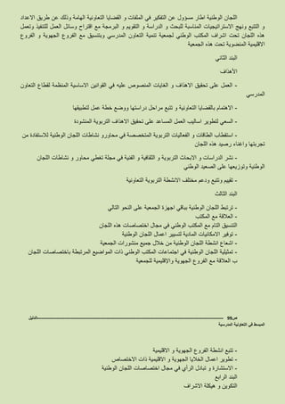 ‫مسؤول‬ ‫اطار‬ ‫الوطنية‬ ‫اللجان‬‫االعداد‬ ‫طريق‬ ‫عن‬ ‫وذلك‬ ‫الهامة‬ ‫التعاونية‬ ‫القضايا‬ ‫و‬ ‫الملفات‬ ‫في‬ ‫التفكير‬ ‫عن‬
‫وتعمل‬ ‫للتنفيذ‬ ‫العمل‬ ‫وسائل‬ ‫اقتراح‬ ‫مع‬ ‫البرمجة‬ ‫و‬ ‫التقويم‬ ‫و‬ ‫الدراسة‬ ‫و‬ ‫للبحث‬ ‫المناسبة‬ ‫االستراتيجيات‬ ‫ونهج‬ ‫التتبع‬ ‫و‬
‫ا‬ ‫مع‬ ‫وبتنسيق‬ ‫المدرسي‬ ‫التعاون‬ ‫تنمية‬ ‫لجمعية‬ ‫الوطني‬ ‫المكتب‬ ‫اشراف‬ ‫تحت‬ ‫اللجان‬ ‫هذه‬‫الفروع‬ ‫و‬ ‫الجهوية‬ ‫لفروع‬
‫الجمعية‬ ‫هذه‬ ‫تحت‬ ‫المنضوية‬ ‫االقليمية‬
‫الثاني‬ ‫البند‬
‫ا‬‫أل‬‫هذاف‬
-‫التعاون‬ ‫لقطاع‬ ‫المنظمة‬ ‫االساسية‬ ‫القوانين‬ ‫في‬ ‫عليه‬ ‫المنصوص‬ ‫الغايات‬ ‫و‬ ‫االهذاف‬ ‫تحقيق‬ ‫على‬ ‫العمل‬
‫المدرسي‬
-‫لتطبيقها‬ ‫عمل‬ ‫خطة‬ ‫ووضع‬ ‫دراستها‬ ‫مراحل‬ ‫تتبع‬ ‫و‬ ‫التعاونية‬ ‫بالقضايا‬ ‫االهتمام‬
-‫ال‬‫المنشودة‬ ‫التربوية‬ ‫االهذاف‬ ‫تحقيق‬ ‫على‬ ‫المساعد‬ ‫العمل‬ ‫اساليب‬ ‫لتطوير‬ ‫سعي‬
-‫في‬ ‫المتخصصة‬ ‫التربوية‬ ‫الفعاليات‬ ‫و‬ ‫الطاقات‬ ‫استقطاب‬‫نشاطات‬ ‫محاورو‬‫من‬ ‫لالستفادة‬ ‫الوطنية‬ ‫اللجان‬
‫اللجان‬ ‫هذه‬ ‫رصيد‬ ‫واغناء‬ ‫تجربتها‬
-‫تغ‬ ‫مجلة‬ ‫في‬ ‫الفنية‬ ‫و‬ ‫الثقافية‬ ‫و‬ ‫التربوية‬ ‫االبحاث‬ ‫و‬ ‫الدراسات‬ ‫نشر‬‫اللجان‬ ‫نشاطات‬ ‫و‬ ‫محاور‬ ‫طي‬
‫الوطني‬ ‫الصعيد‬ ‫على‬ ‫وتوزيعها‬ ‫الوطنية‬
-‫التعاونية‬ ‫التربوية‬ ‫االنشطة‬ ‫مختلف‬ ‫ودعم‬ ‫وتتبع‬ ‫تقييم‬
‫الثالث‬ ‫البند‬
-‫التالي‬ ‫النحو‬ ‫على‬ ‫الجمعية‬ ‫اجهزة‬ ‫بباقي‬ ‫الوطنية‬ ‫اللجان‬ ‫ترتبط‬
-‫المكتب‬ ‫مع‬ ‫العالقة‬
‫اللجان‬ ‫هذه‬ ‫اختصاصات‬ ‫مجال‬ ‫في‬ ‫الوطني‬ ‫المكتب‬ ‫مع‬ ‫التام‬ ‫التنسيق‬
-‫الوطنية‬ ‫اللجان‬ ‫اعمال‬ ‫لتسيير‬ ‫المادية‬ ‫االمكانيات‬ ‫توفير‬
-‫الجمعية‬ ‫منشورات‬ ‫جميع‬ ‫خالل‬ ‫من‬ ‫الوطنية‬ ‫اللجان‬ ‫انشطة‬ ‫اشعاع‬
-‫باختصاصات‬ ‫المرتبطة‬ ‫المواضيع‬ ‫ذات‬ ‫الوطني‬ ‫المكتب‬ ‫اجتماعات‬ ‫في‬ ‫الوطنية‬ ‫اللجان‬ ‫تمثيلية‬‫اللجان‬
‫الجهوية‬ ‫الفروع‬ ‫مع‬ ‫العالقة‬ ‫ب‬‫واإلقليمية‬‫للجمعية‬
‫ص‬99-------------------------------------------------------------------------------------------------------------------‫الدليل‬
‫المدرسية‬ ‫التعاونية‬ ‫في‬ ‫المبسط‬
-‫االقلي‬ ‫و‬ ‫الجهوية‬ ‫الفروع‬ ‫انشطة‬ ‫تتبع‬‫مية‬
-‫االختصاص‬ ‫ذات‬ ‫االقليمية‬ ‫و‬ ‫الجهوية‬ ‫الخاليا‬ ‫اعمال‬ ‫تطوير‬
-‫تبادل‬ ‫و‬ ‫االستشارة‬‫الرأي‬‫الوطنية‬ ‫اللجان‬ ‫اختصاصات‬ ‫مجال‬ ‫في‬
‫الرابع‬ ‫البند‬
‫االشراف‬ ‫هيكلة‬ ‫و‬ ‫التكوين‬
 