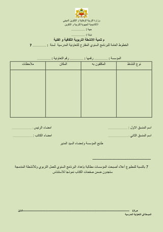 ‫المهني‬ ‫التكوين‬ ‫و‬ ‫الوطنية‬ ‫التربية‬ ‫وزارة‬
‫التكوين‬ ‫و‬ ‫للتربية‬ ‫الجهوية‬ ‫االكاديمية‬
‫جهة‬……………………… :
‫نيابة‬……………………… :
‫الفنية‬ ‫و‬ ‫الثقافية‬ ‫التربوية‬ ‫االنشطة‬ ‫تنمية‬ ‫م‬
‫لسنة‬ ‫المدرسية‬ ‫للتعاونية‬ ‫المقترح‬ ‫السنوي‬ ‫للبرنامج‬ ‫العامة‬ ‫الخطوط‬……………………… :7
‫المؤسسة‬……………………… :‫رقمها‬……………………… :‫التعاونية‬ ‫رقم‬……………………… :
‫مالحظات‬ ‫المكان‬ ‫به‬ ‫المكلفون‬ ‫النشاط‬ ‫نوع‬
‫االول‬ ‫المنسق‬ ‫اسم‬……………………… :‫الرئيس‬ ‫امضاء‬……………………… :
‫الثاني‬ ‫المنسق‬ ‫اسم‬……………………… :‫الكاتب‬ ‫امضاء‬……………………… :
‫المدير‬ ‫السيد‬ ‫وإمضاء‬ ‫المؤسسة‬ ‫طابع‬
----------------------------------------------
7‫بإعداد‬ ‫مطالبة‬ ‫المؤسسات‬ ‫أصبحت‬ ‫أعاله‬ ‫للمطبوع‬ ‫بالنسبة‬‫المندمجة‬ ‫ولألنشطة‬ ‫التربوي‬ ‫للعمل‬ ‫السنوي‬ ‫البرنامج‬
‫لالستئناس‬ ‫نموذجا‬ ‫الكتاب‬ ‫صفحات‬ ‫ضمن‬ ‫ستجدون‬
‫ص‬17-------------------------------------------------------------------------------------------------------------------‫الدليل‬
‫التع‬ ‫في‬ ‫المبسط‬‫المدرسية‬ ‫اونية‬
 