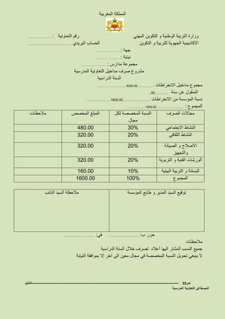 ‫المغربية‬ ‫المملكة‬
‫المهني‬ ‫التكوين‬ ‫و‬ ‫الوطنية‬ ‫التربية‬ ‫وزارة‬‫التعاونية‬ ‫رقم‬…………………… :
‫التكوين‬ ‫و‬ ‫للتربية‬ ‫الجهوية‬ ‫االكاديمية‬‫البريدي‬ ‫الحساب‬………………………………………
‫جهة‬…………………… :
‫نيابة‬…………………… :
‫مدارس‬ ‫مجموعة‬…………………… :
‫المدرسية‬ ‫التعاونية‬ ‫مداخيل‬ ‫صرف‬ ‫مشروع‬
‫الدراسية‬ ‫السنة‬
‫االنخراطات‬ ‫مداخيل‬ ‫مجموع‬…………………………4000.00…………… :
‫سنة‬ ‫عن‬ ‫المنقول‬…00…………
‫من‬ ‫المؤسسة‬ ‫نسبة‬‫االنخراطات‬…………………1600.00……………………
‫المجموع‬………………1600.00……………………… :
‫الصرف‬ ‫مجاالت‬‫لكل‬ ‫المخصصة‬ ‫النسبة‬
‫مجال‬
‫المخصص‬ ‫المبلغ‬‫مالحظات‬
‫االجتماعي‬ ‫النشاط‬30%480.00
‫الثقافي‬ ‫النشاط‬20%320.00
‫الصيانة‬ ‫و‬ ‫االصالح‬
‫والتجهيز‬
20%320.00
‫التربوية‬ ‫و‬ ‫الفنية‬ ‫الورشات‬20%320.00
‫البيئية‬ ‫التربية‬ ‫و‬ ‫البستنة‬10%160.00
‫المجموع‬100%1600.00
‫المؤسسة‬ ‫طابع‬ ‫و‬ ‫المدير‬ ‫السيد‬ ‫توقيع‬‫مالحظة‬‫النائب‬ ‫السيد‬
‫ب‬ ‫حرر‬……………………… :‫في‬……………………… :
‫مالحظات‬
‫الدراسية‬ ‫السنة‬ ‫خالل‬ ‫تصرف‬ ‫أعاله‬ ‫اليها‬ ‫المشار‬ ‫النسب‬ ‫جميع‬
‫النيابة‬ ‫بموافقة‬ ‫إال‬ ‫اخر‬ ‫الى‬ ‫معين‬ ‫مجال‬ ‫في‬ ‫المخصصة‬ ‫النسبة‬ ‫تحويل‬ ‫ينبغي‬ ‫ال‬
‫ص‬22-------------------------------------------------------------------------------------------------------------------‫الدليل‬
‫المدرسية‬ ‫التعاونية‬ ‫في‬ ‫المبسط‬
 