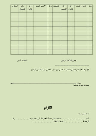 ‫رت‬‫النسب‬ ‫و‬ ‫االسم‬‫رقم‬
‫التأمين‬
‫رقم‬
‫التسجيل‬
‫المستوى‬‫رت‬‫النسب‬ ‫و‬ ‫االسم‬‫رقم‬
‫التأمين‬
‫رقم‬
‫التسجيل‬
‫المستوى‬
‫مؤمنين‬ ‫التالميذ‬ ‫جميع‬‫المدير‬ ‫امضاء‬
---------------------------------------------
14‫التأمين‬ ‫شركة‬ ‫الى‬ ‫بإرساله‬ ‫ليقوم‬ ‫المختص‬ ‫المكتب‬ ‫الى‬ ‫الموعد‬ ‫قبل‬ ‫يبعث‬‫لإلخبار‬
‫ص‬37-------------------------------------------------------------------------------------------------------------------‫الدليل‬
‫المدرسية‬ ‫التعاونية‬ ‫في‬ ‫المبسط‬
‫التزام‬
‫الموقع‬ ‫أنا‬‫أ‬‫سفل‬‫ه‬
‫السيد‬………………………….‫رقم‬ ‫تحمل‬ ‫التي‬ ‫العمومية‬ ‫النقل‬ ‫سيارة‬ ‫صاحب‬………………‫رقم‬
‫الرخصة‬…………………….‫الحافلة‬ ‫صنف‬………………………
 